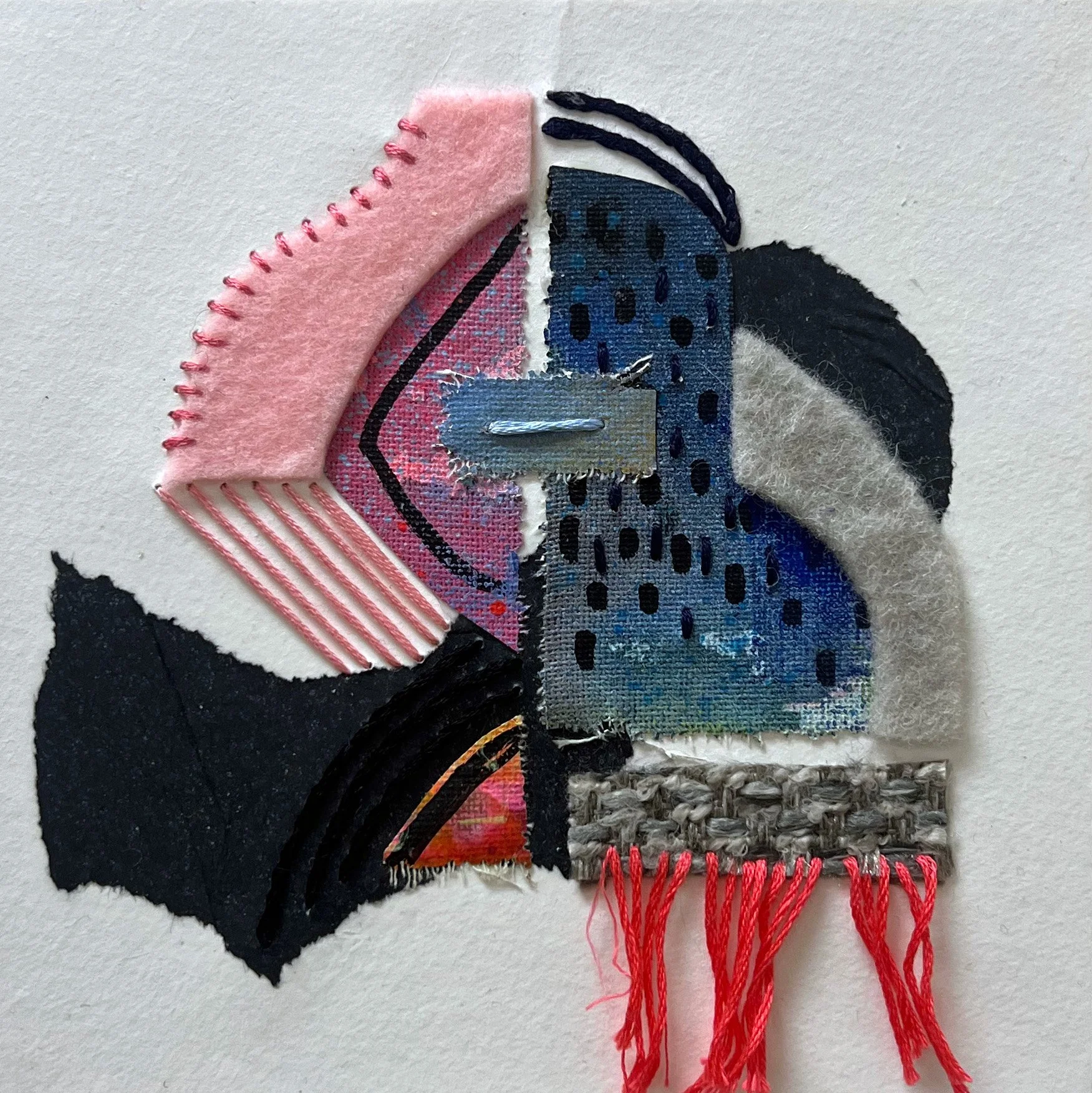 Chimerascape no. 4, 2025, mixed media collage and embroidery on paper mounted on wood panel, 6"x6"