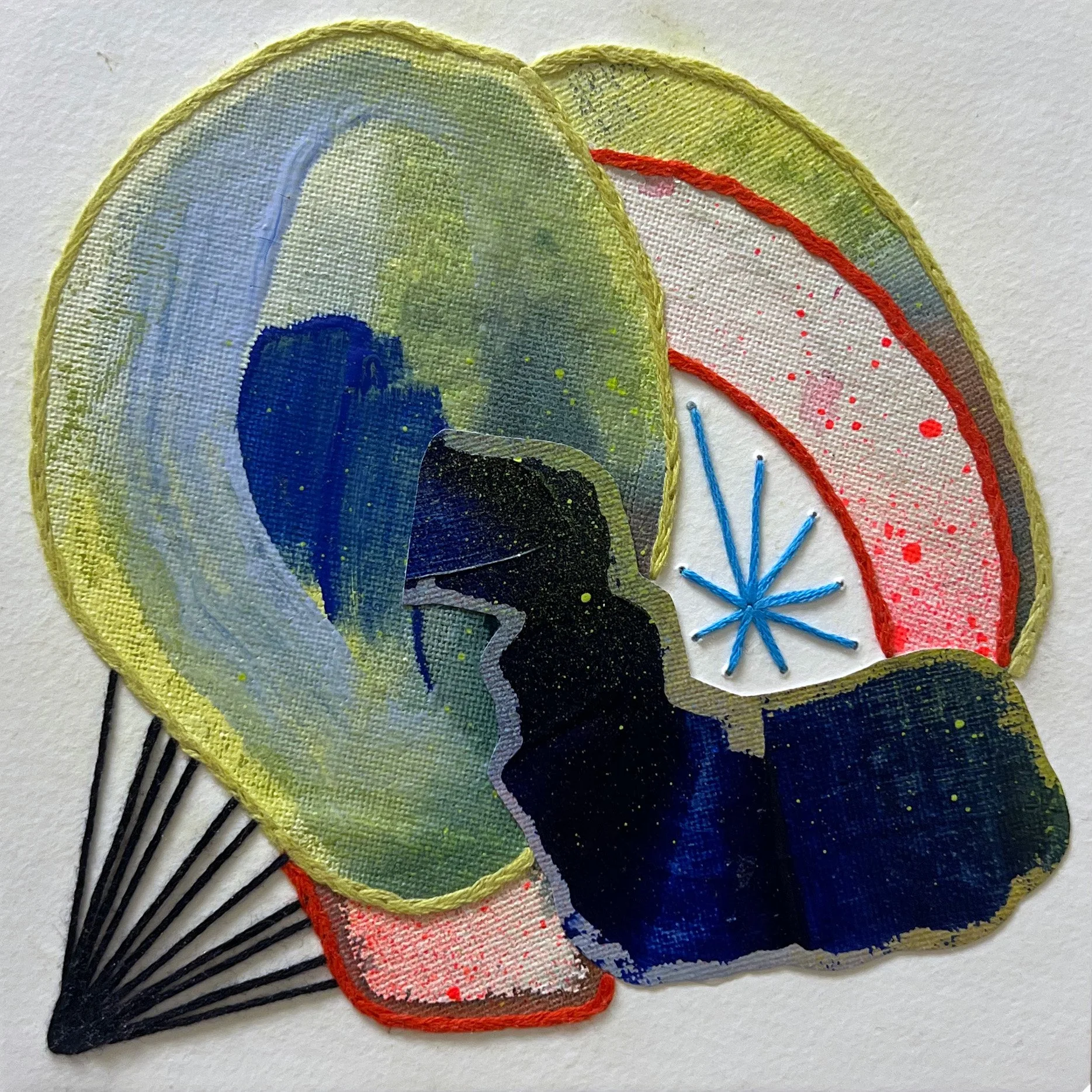 Chimerascape no. 25, 2025, mixed media collage and embroidery on paper mounted on wood panel, 6"x6"