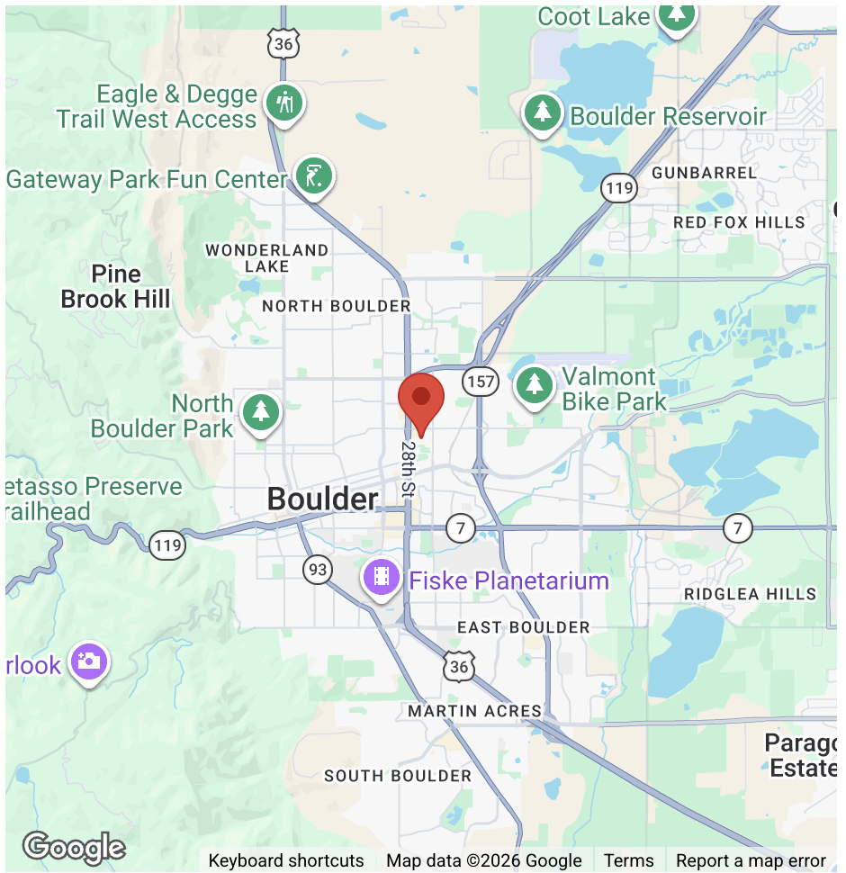 Map of Boulder, Colorado, showing the surrounding area and nearby landmarks.