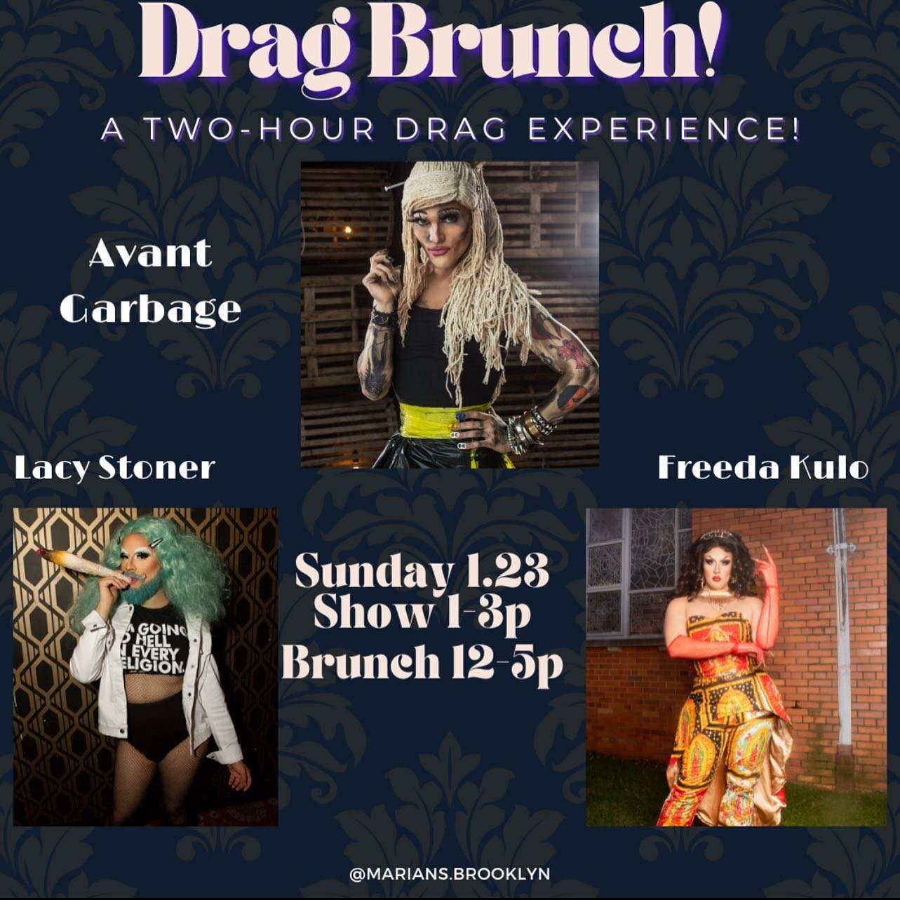 This Sunday, our drag brunch is back!!! We have the lovely @theonlytrashqueen @thelacystoner &amp; @freedakulo. If you have never been to a drag brunch, I promise you you are missing out! 
&bull;
&bull;
&bull;
&bull;
&bull;
&bull;
&bull;
&bull;
&bull