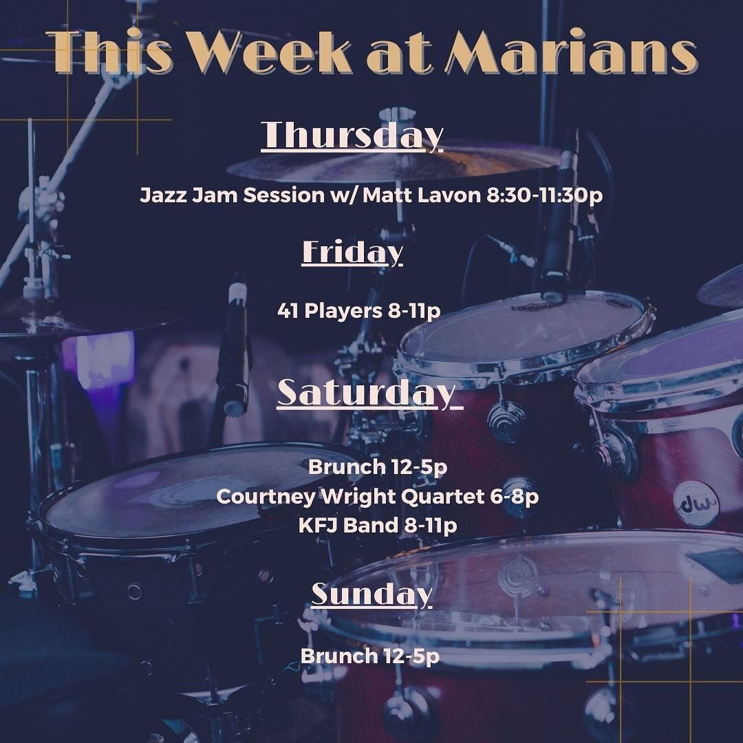 This week we have our Jazz Jam session with @mattlavon on Thursday. 41Players on Friday at 8p and Saturday we have Courtney Wright quartet and KFJ band with @kaykuti . Come join us!
&bull;
&bull;
&bull;
&bull;
&bull;
&bull;
&bull;
&bull;
&bull;
&bull