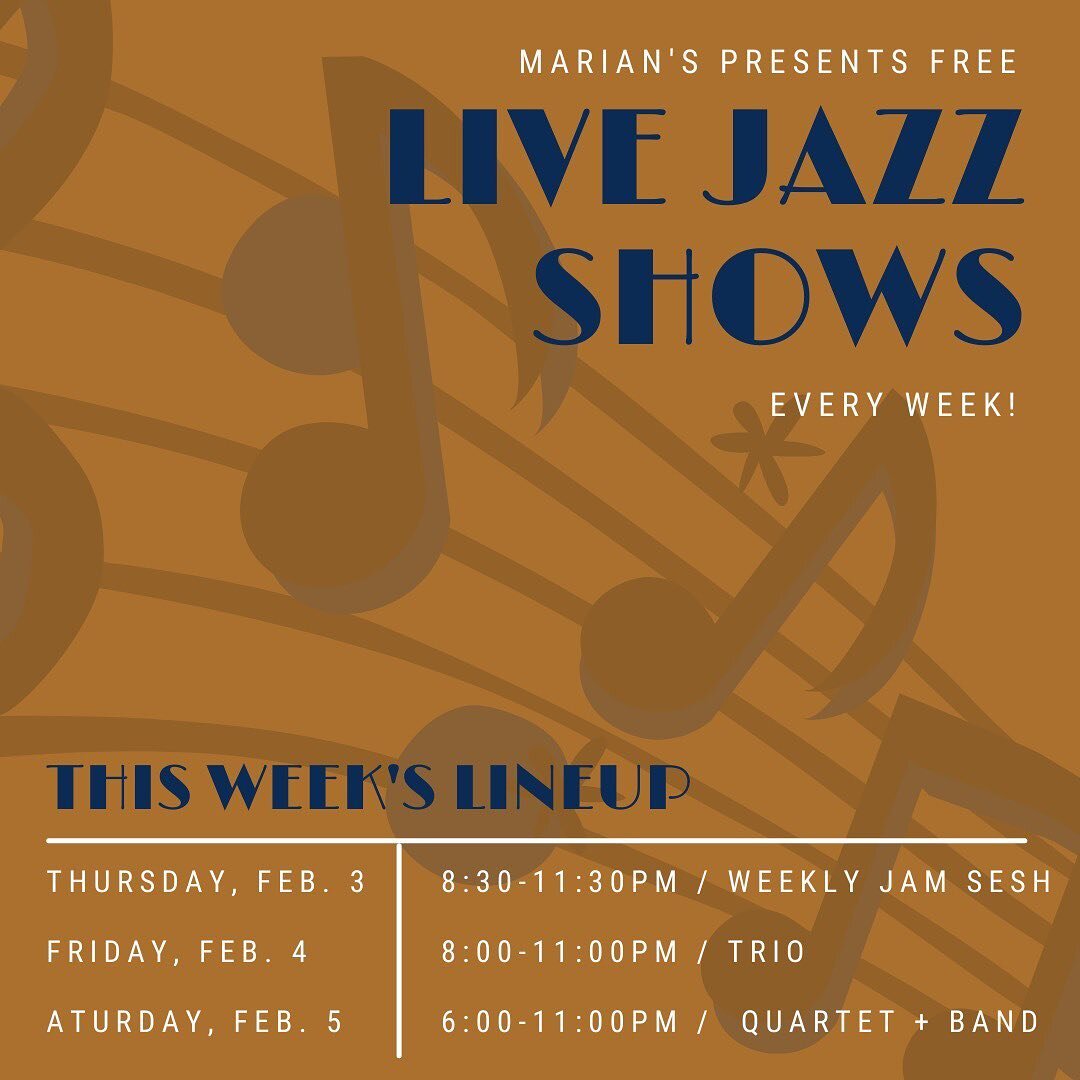 FREE LIVE JAZZ SHOWS EVERY WEEK🎷

This Week&rsquo;s Lineup:
Tomorrow: 830-1130pm @mattlavon &lsquo;s weekly jam sessions 
Friday: 8-11pm @paul_goldfinger Trio
Saturday: 6-11pm Quartet @saxkidd34 6-8pm then KFJ band @kaykuti 

See ya there!🤘🏽
&bull