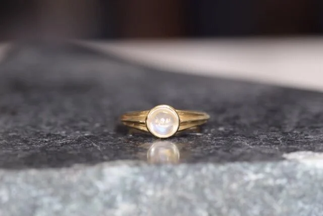18k yellow gold, diamond, and moonstone. 2020