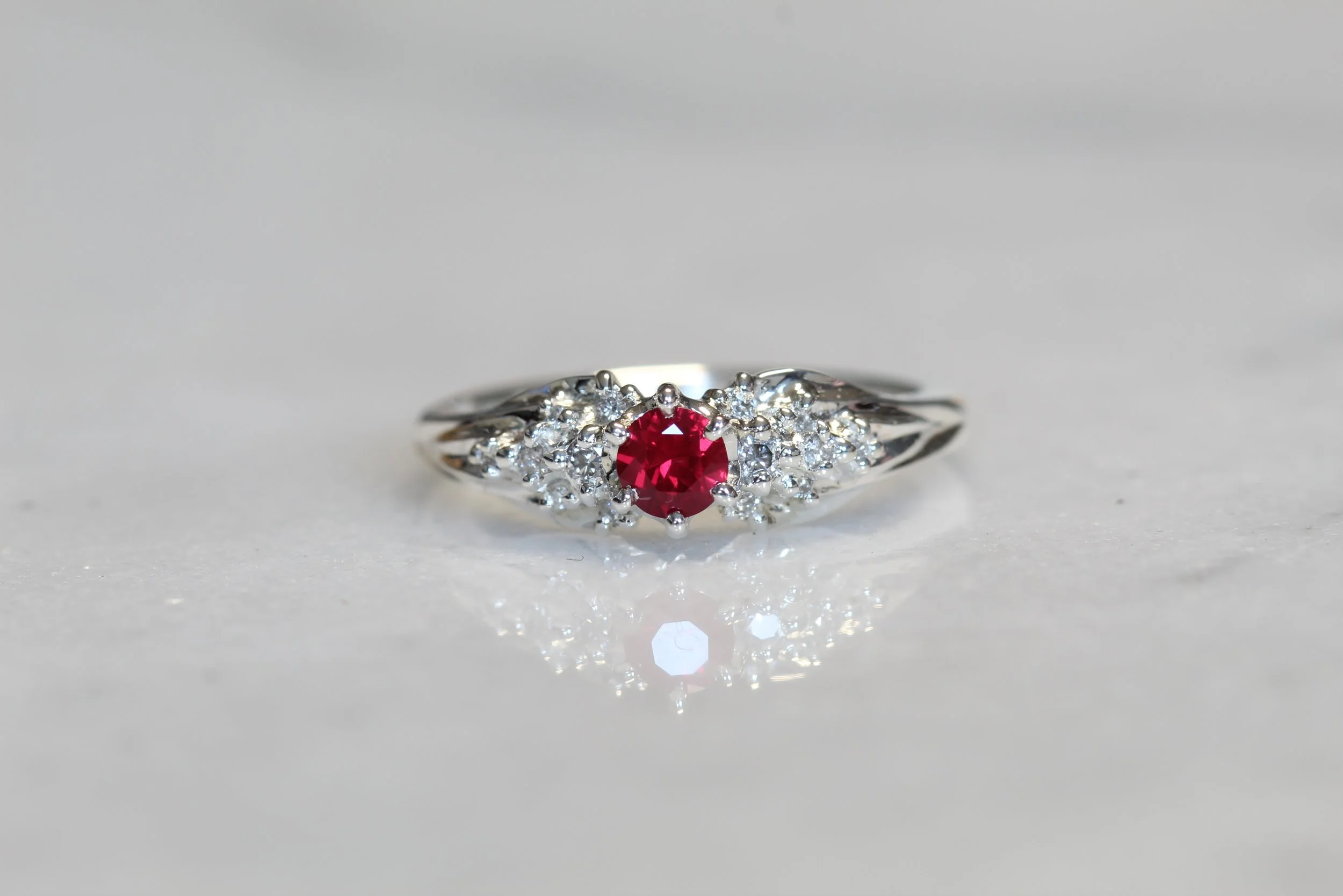 Ruby, diamond, and sterling silver. 2021