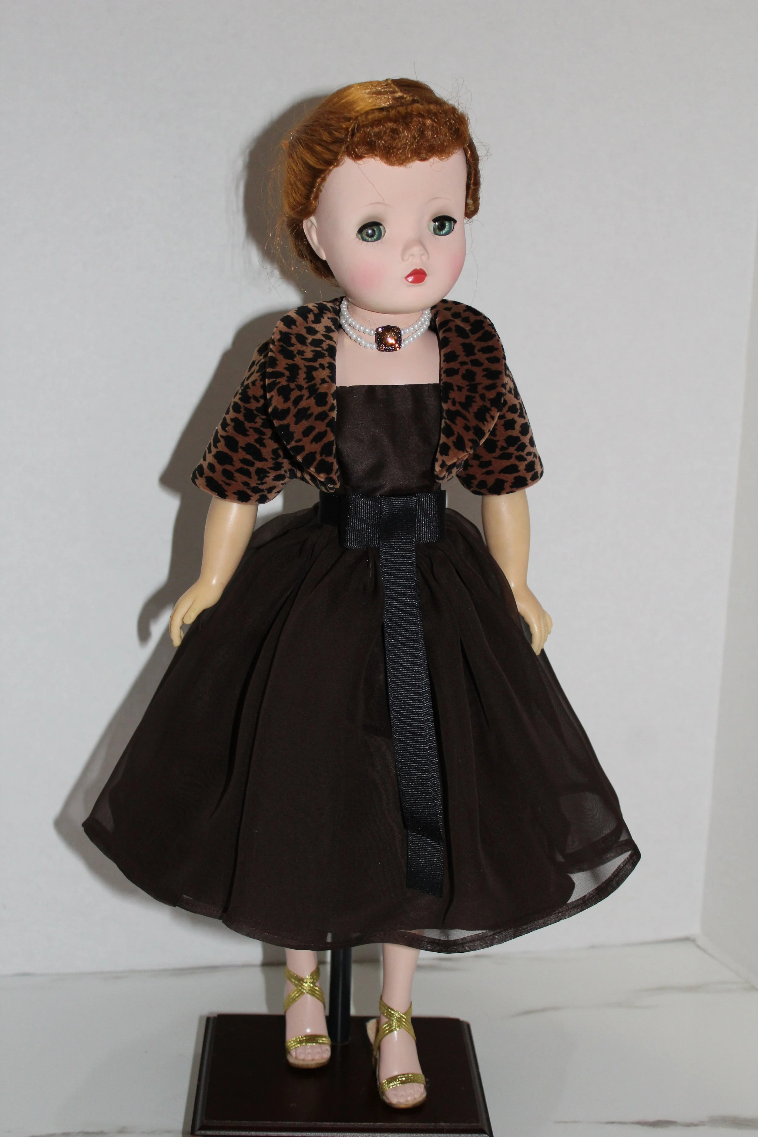 Rich Brown Silk Taffeta & Chiffon Dress + Velvet Animal Print Bolero, Slip, Panties & Necklace