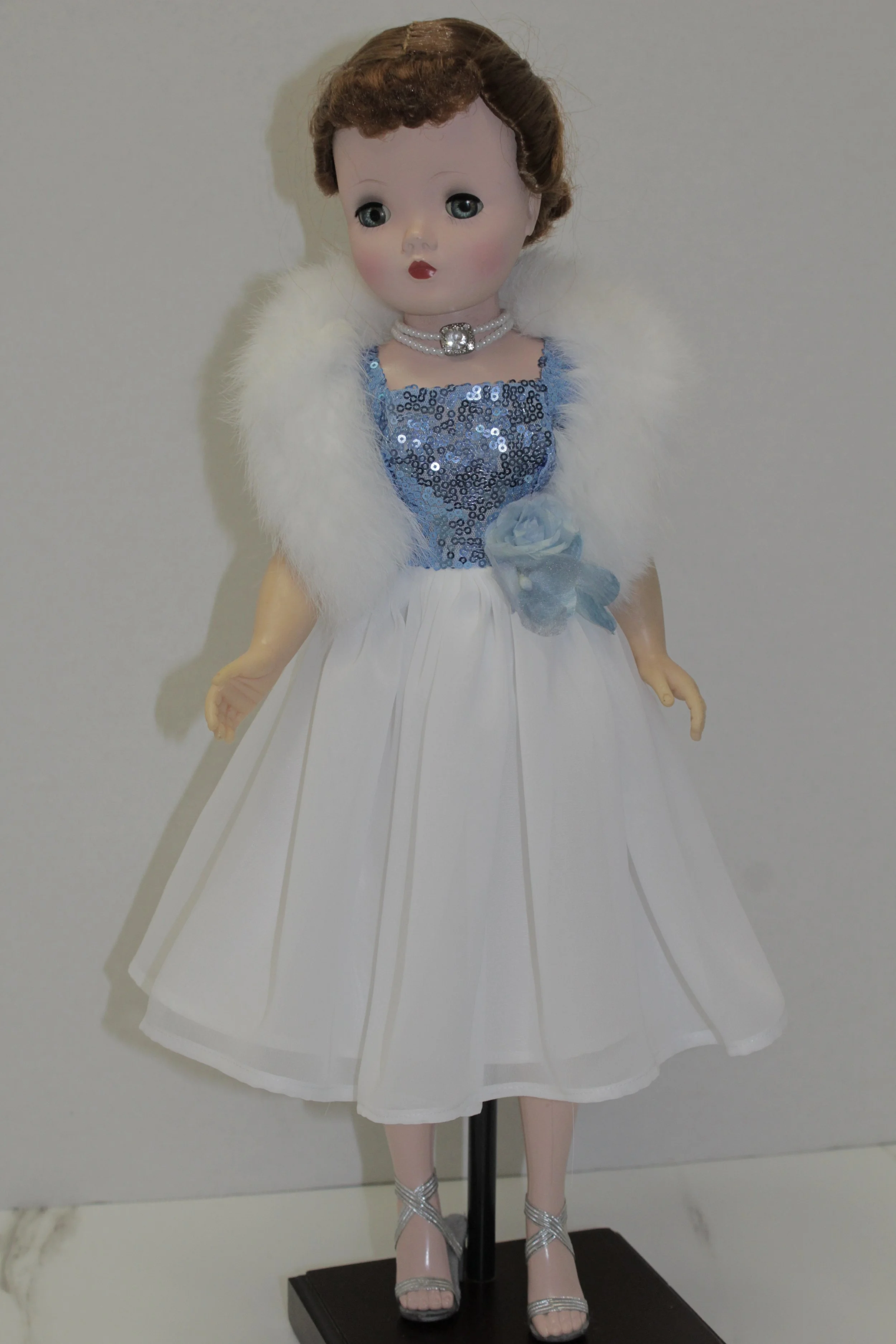 Blue Sparkling Sequin & Chiffon Dress w/Fur, Slip, Panties & Necklace for Vintage Cissy Doll