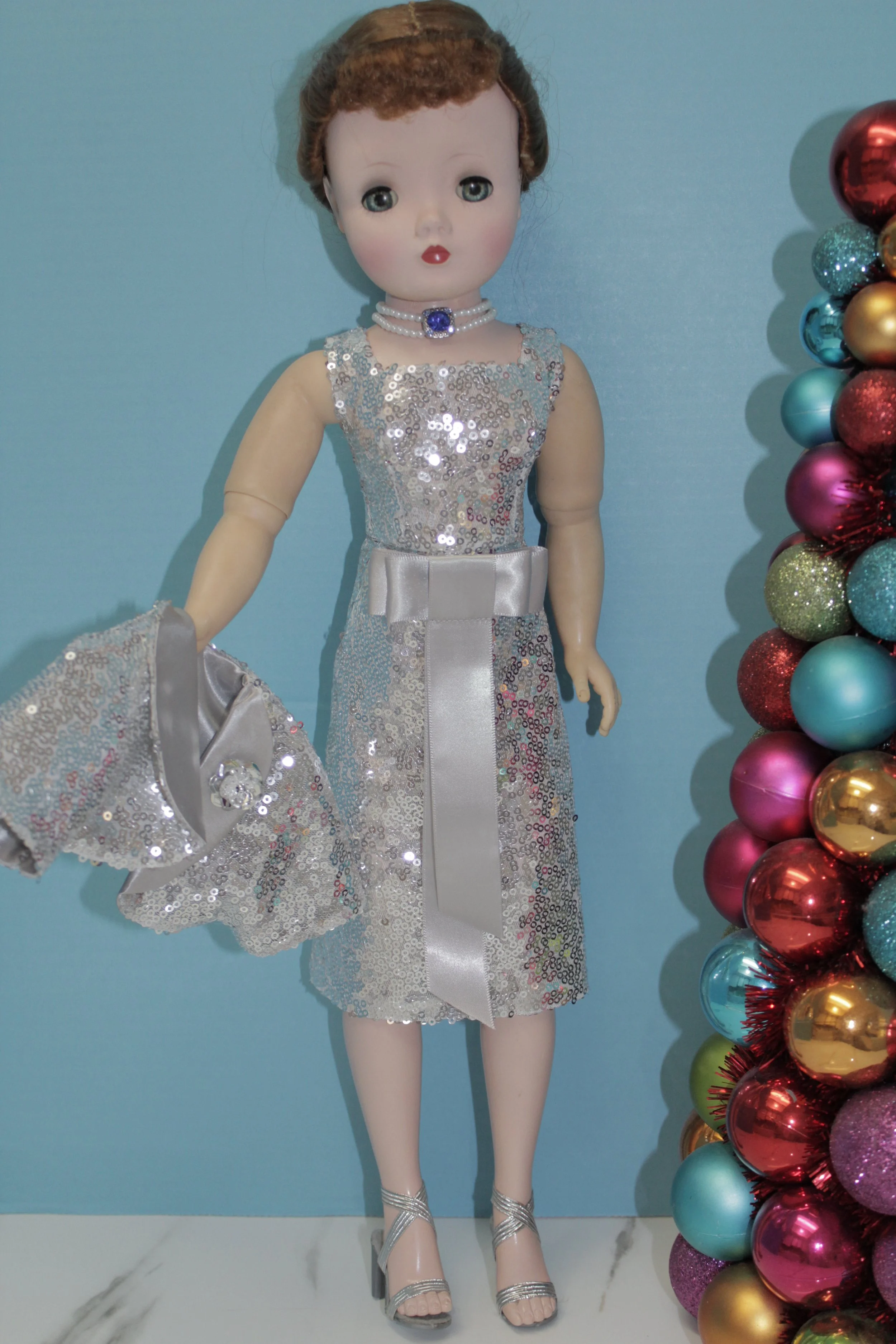 Silver Holiday Sparkling Sequin Dress w/ Jacket & Sapphire Choker for Cissy Doll