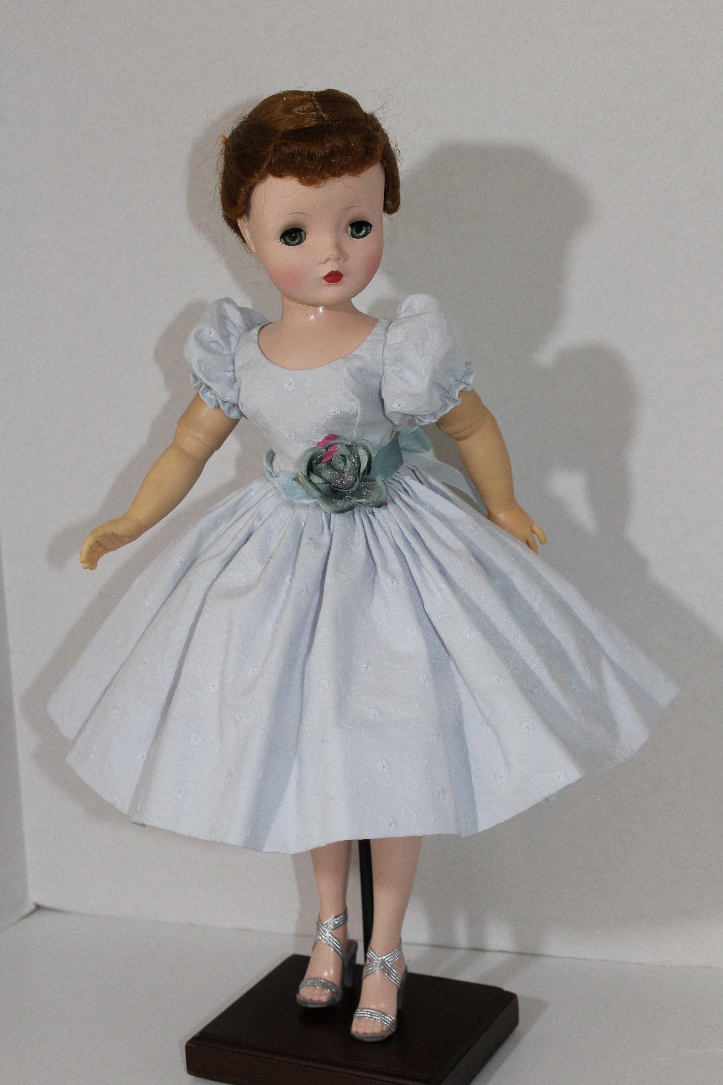 Blue Puffed Sleeve Dress made w/ Embroidered Eyelet Cotton for Cissy Doll