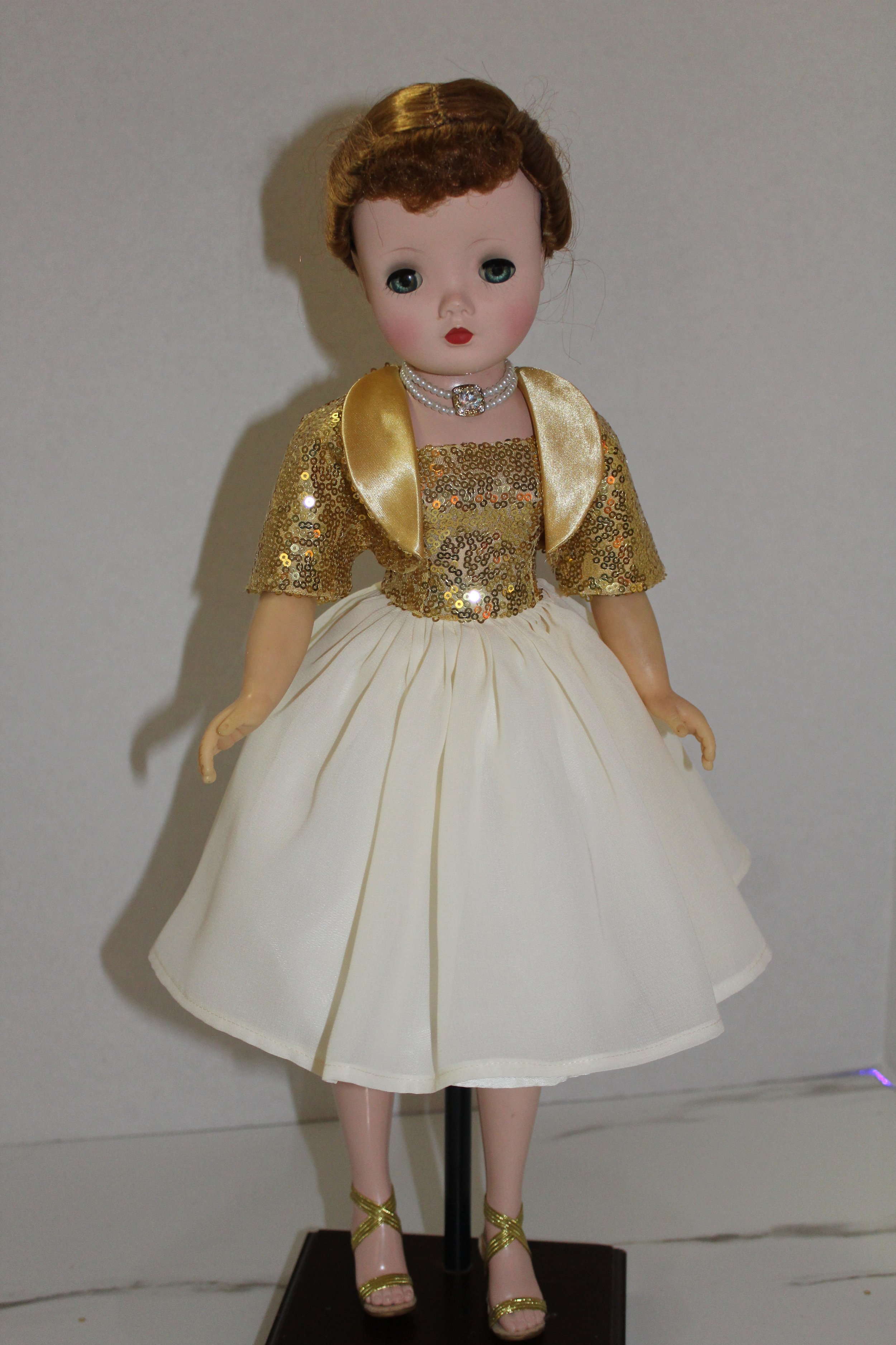 Gold Sequin & Chiffon Holiday Dress w/ Bolero, Slip, Panties & Necklace for Vintage Cissy Doll