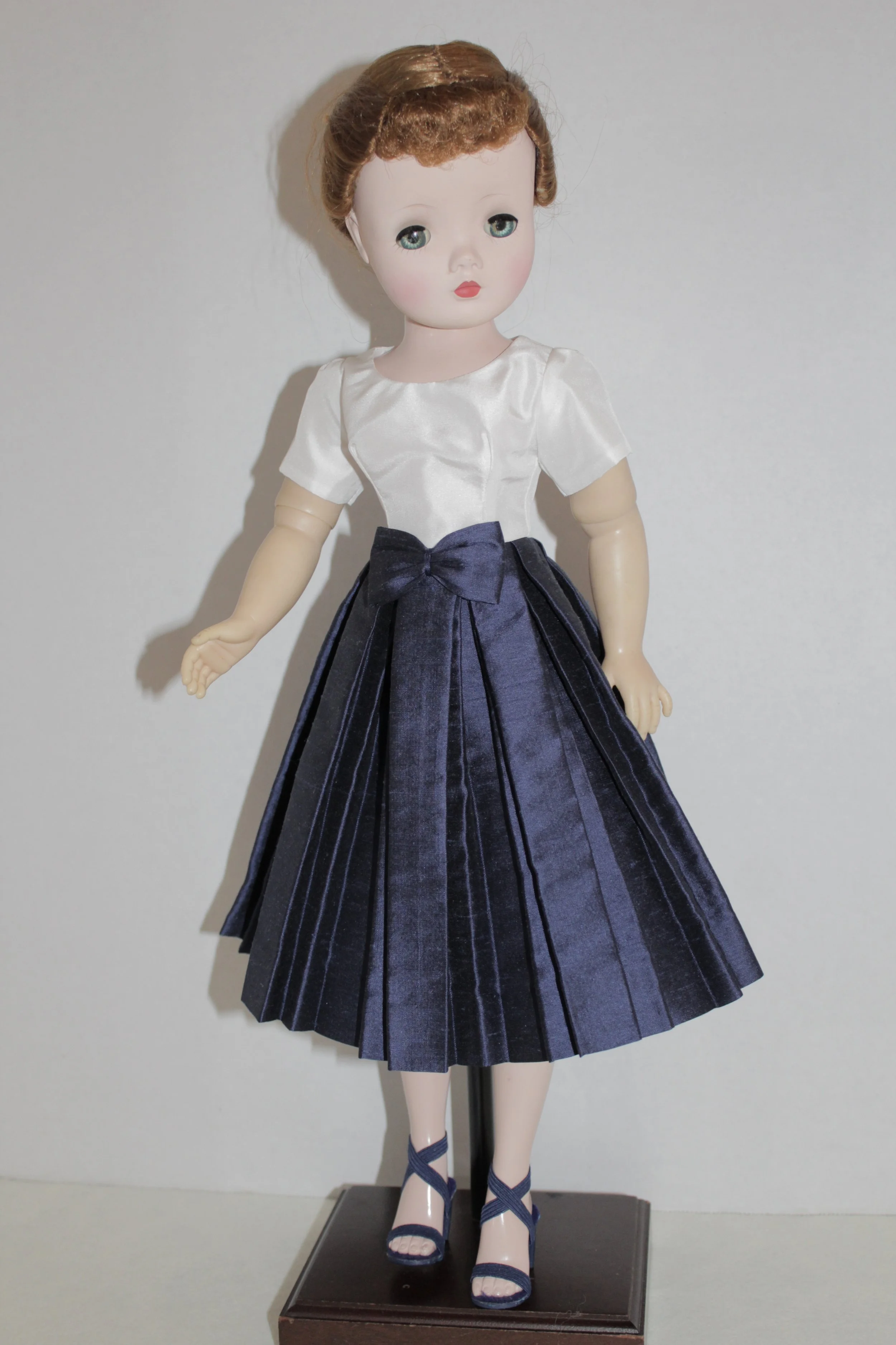 Cissy Dress w/ Navy Silk Shantung Pleated skirt & White Silk Taffeta Bodice
