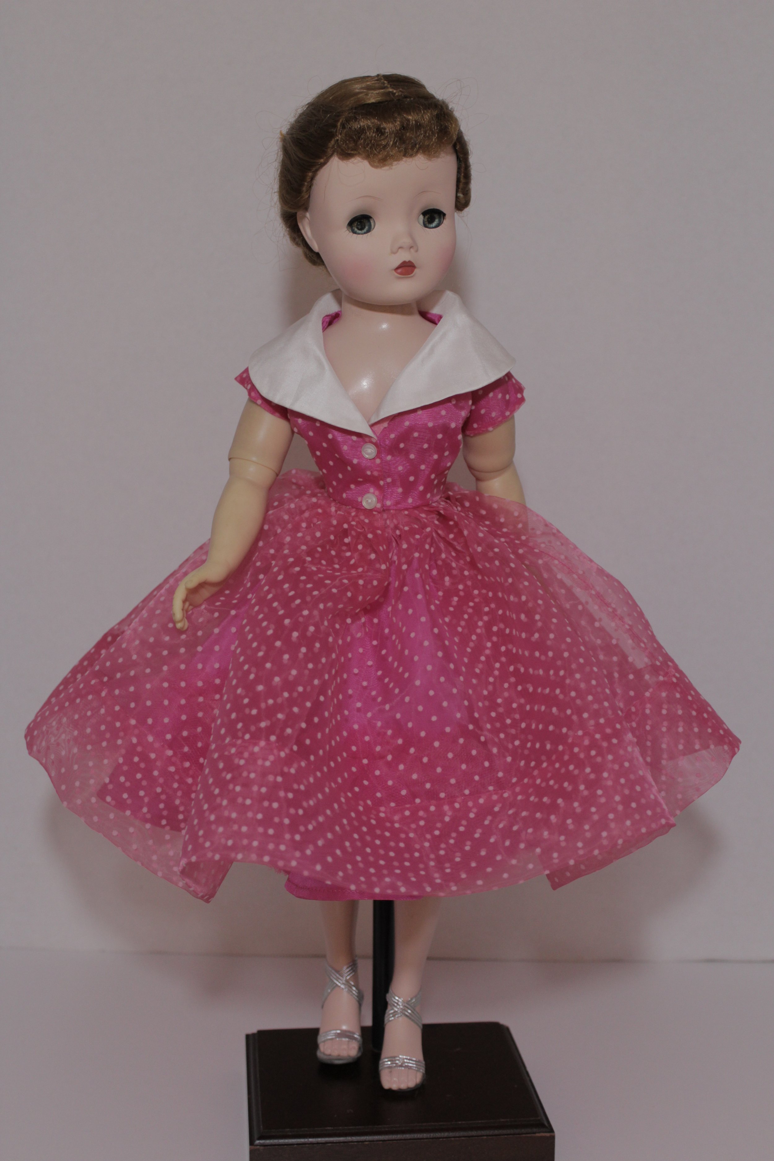 Wide Collar Dress made w/Sheer Hot Pink & White Flocked Dots + Slip & Panties for Cissy