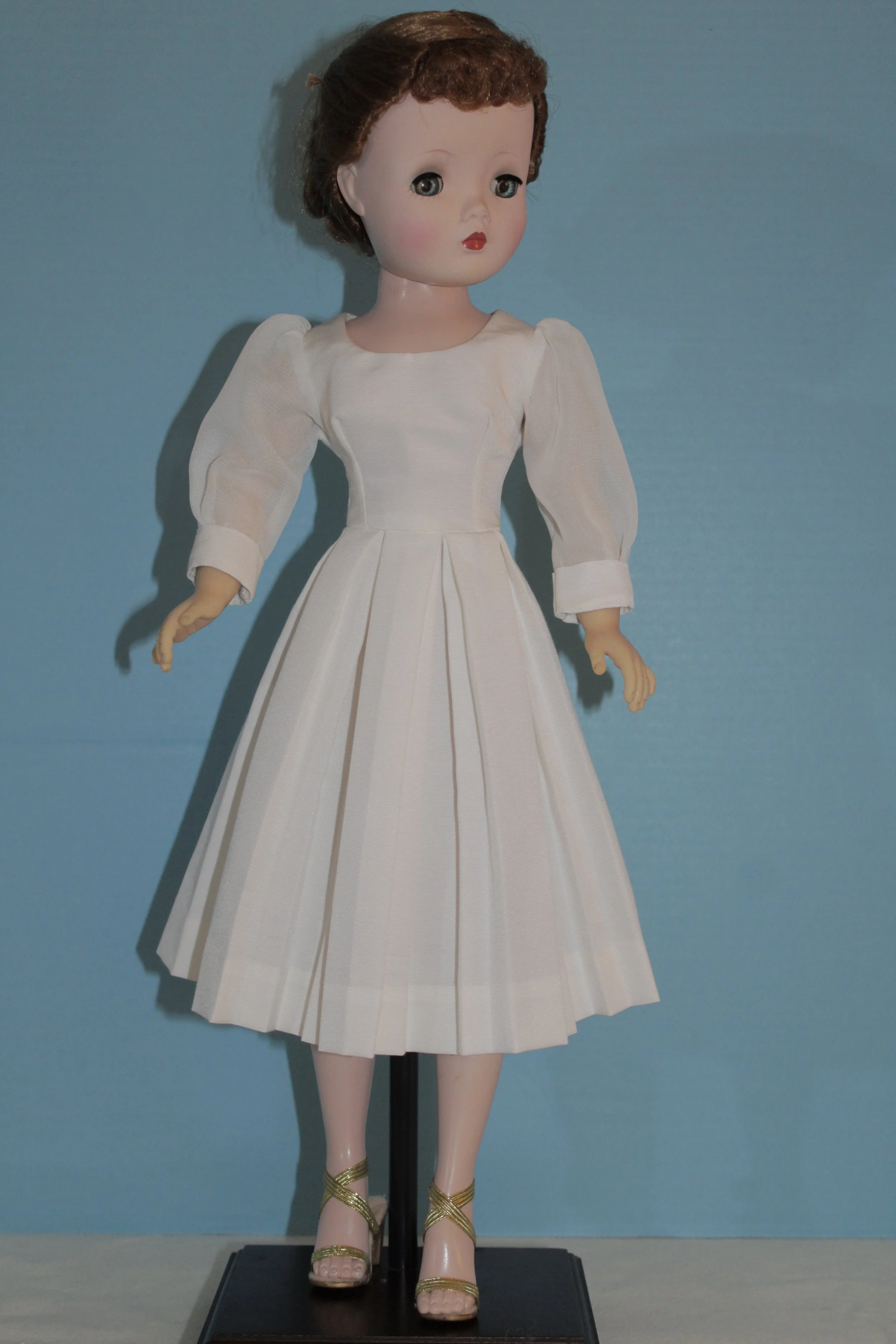 Soft White Silk/Cotton Faille Dress w/ Pleated Skirt & Chiffon Sleeves