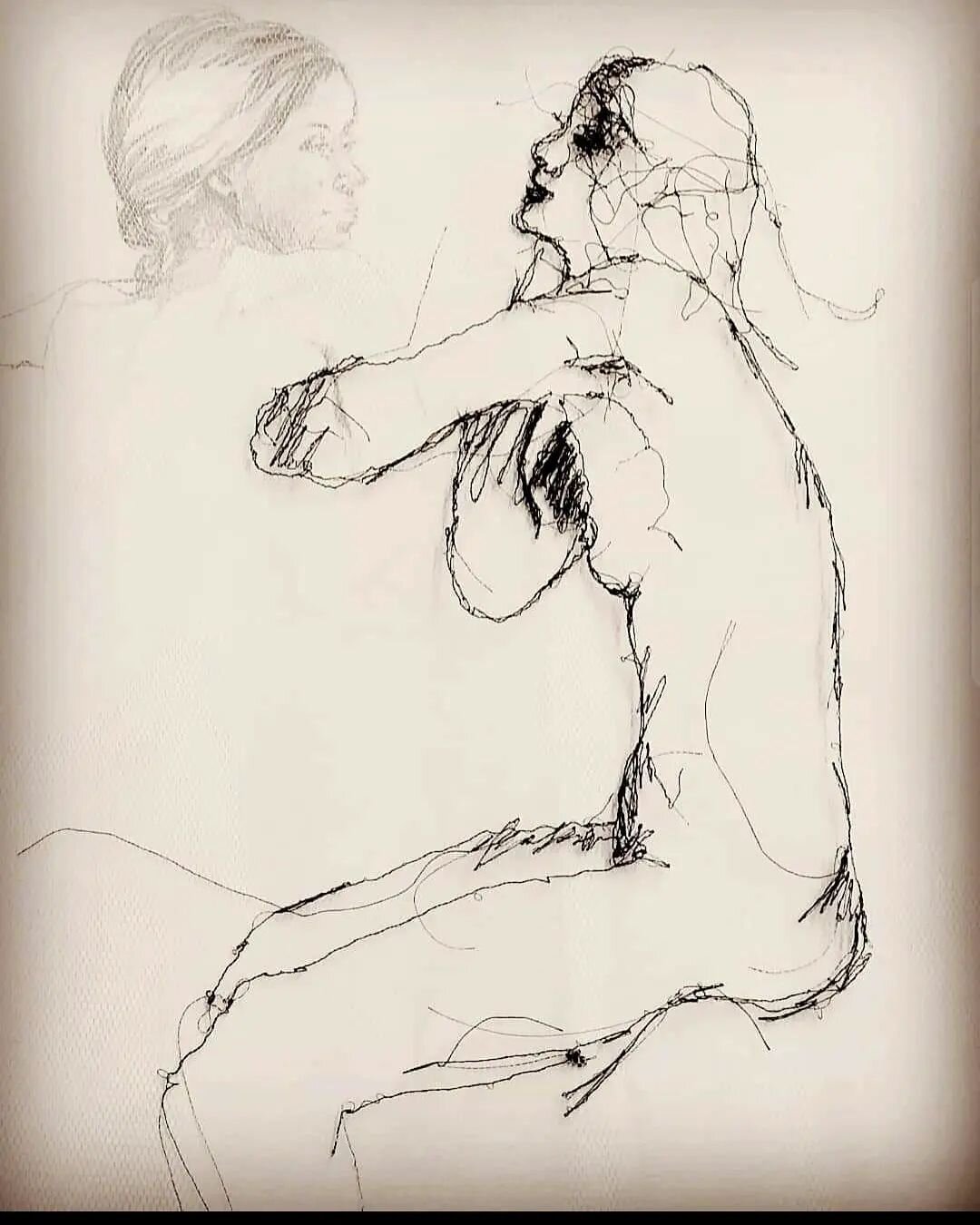 Title: Coupling. 
Stitch &amp; graphite on mesh &amp;  paper.
Images of earlier work, more women for international women's this week. Drawings from live models, the best way to draw 😎

#lifedrawing drawing #iwd #stitcheddrawing #BernieLeahyArt #iris