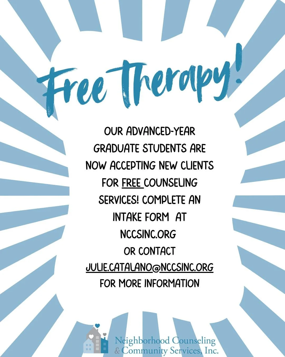 Our advance-level clinical interns are accepting new clients! If you are in your late adolescence or are an adult in the state of Massachusetts you could receive FREE therapy through summer 2026! Visit our website (NCCSINC.ORG) to complete an intake 