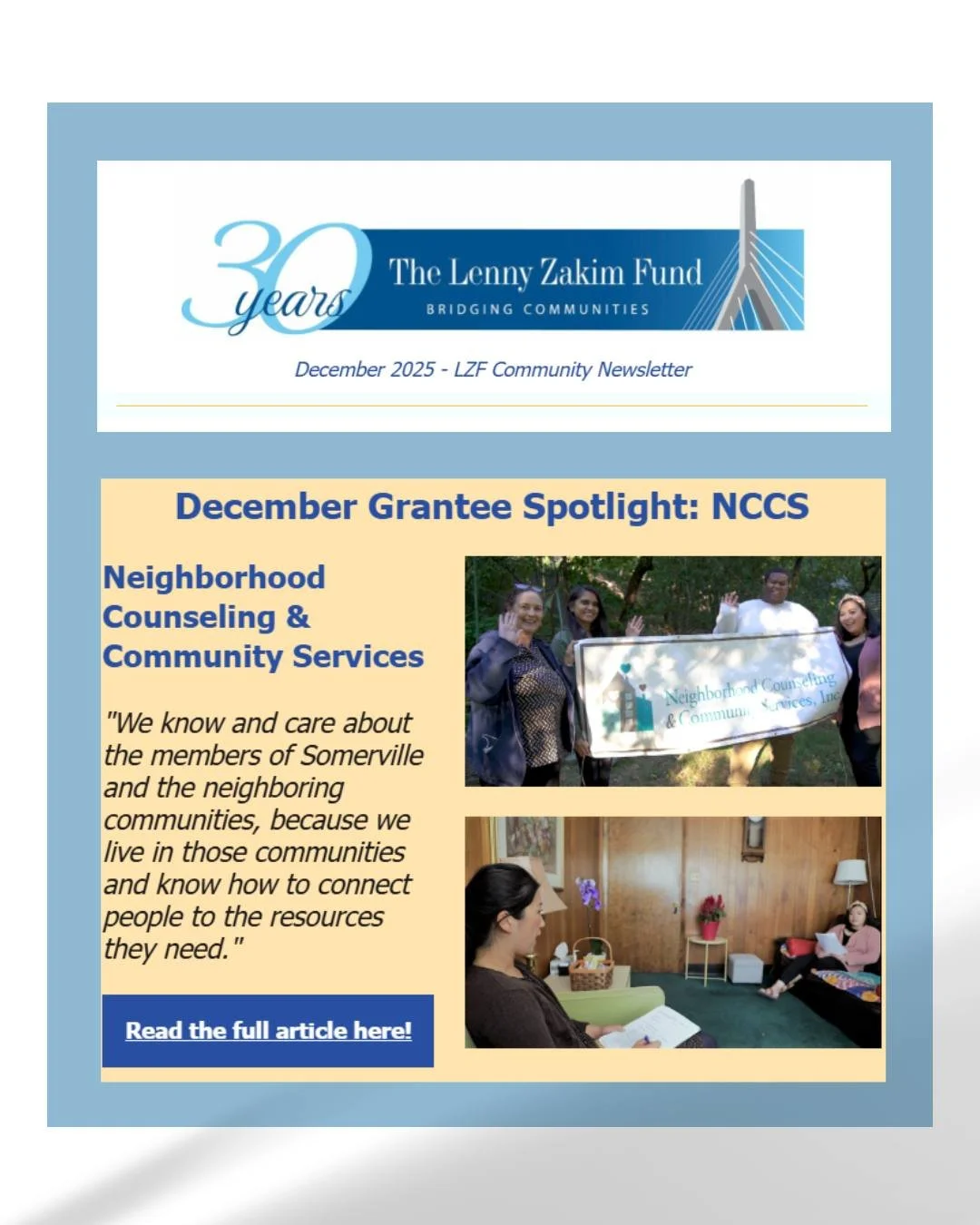 We are the spotlight organization in the December newsletter sent out by The Lenny Zakim Fund! Thanks for your long support of our mission and work @thezakimfund! To read the full article click the link in our bio 🩵

#grantee #spotlight #communitysu