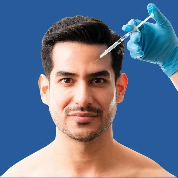 Male getting Botox injected into his forehead with a needle.