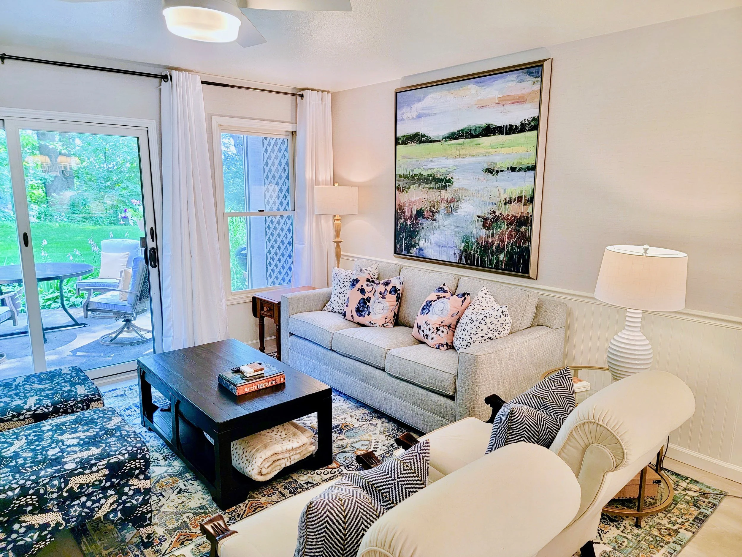 DOWNTOWN SAUGATUCK VACATION RENTAL LIVING ROOM WITH CHARMING INTERIOR DESIGN BY ANDY YATES DESIGN