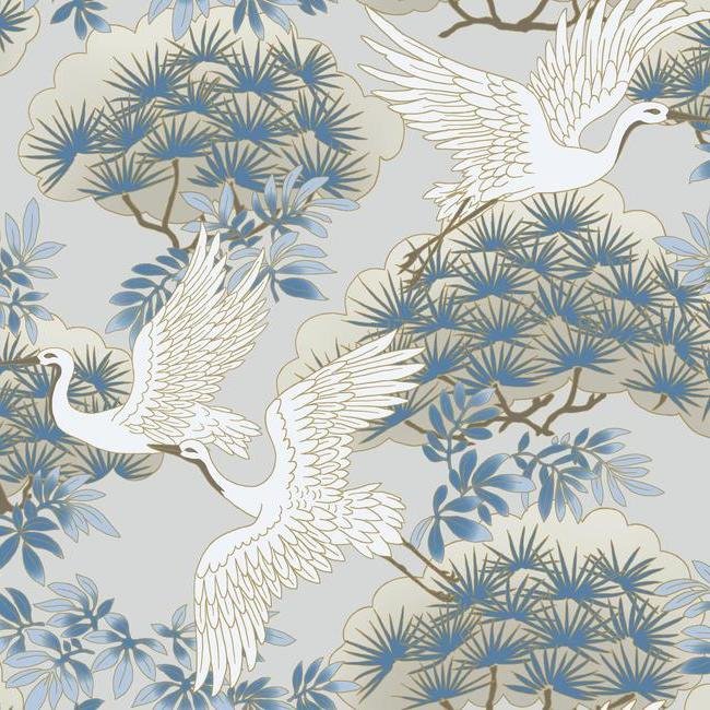 York Light Blue Sprig &amp; Heron Wallpaper from the Ronald Redding Designs Tea Garden collection