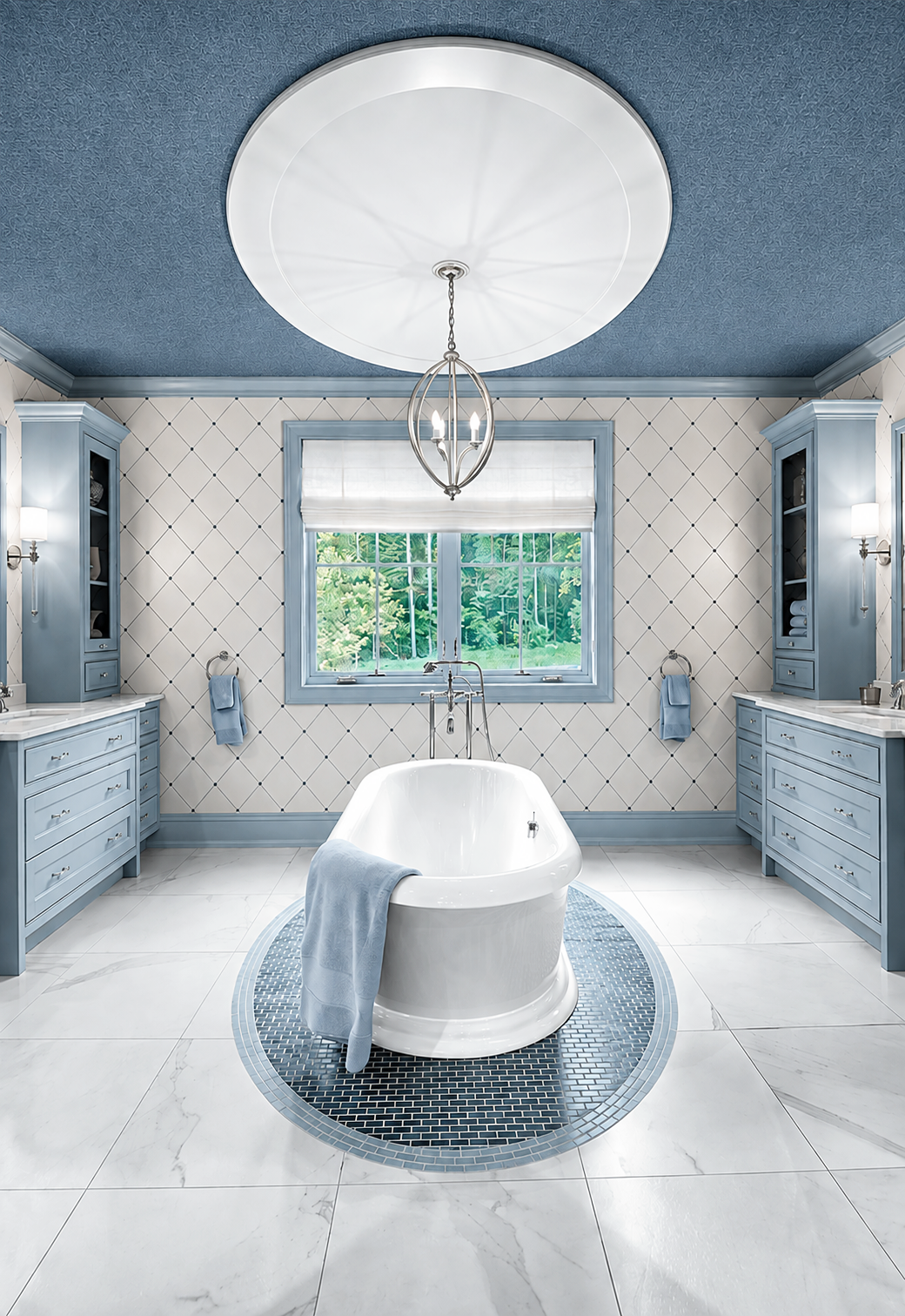 An elegant traditional blue and white primary bathroom design in Ada Michigan by Interior Designer Andy Yates