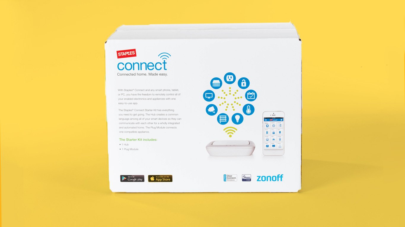 Box of Staples Connect Starter Kit on yellow background, featuring smart home hub and app symbols.