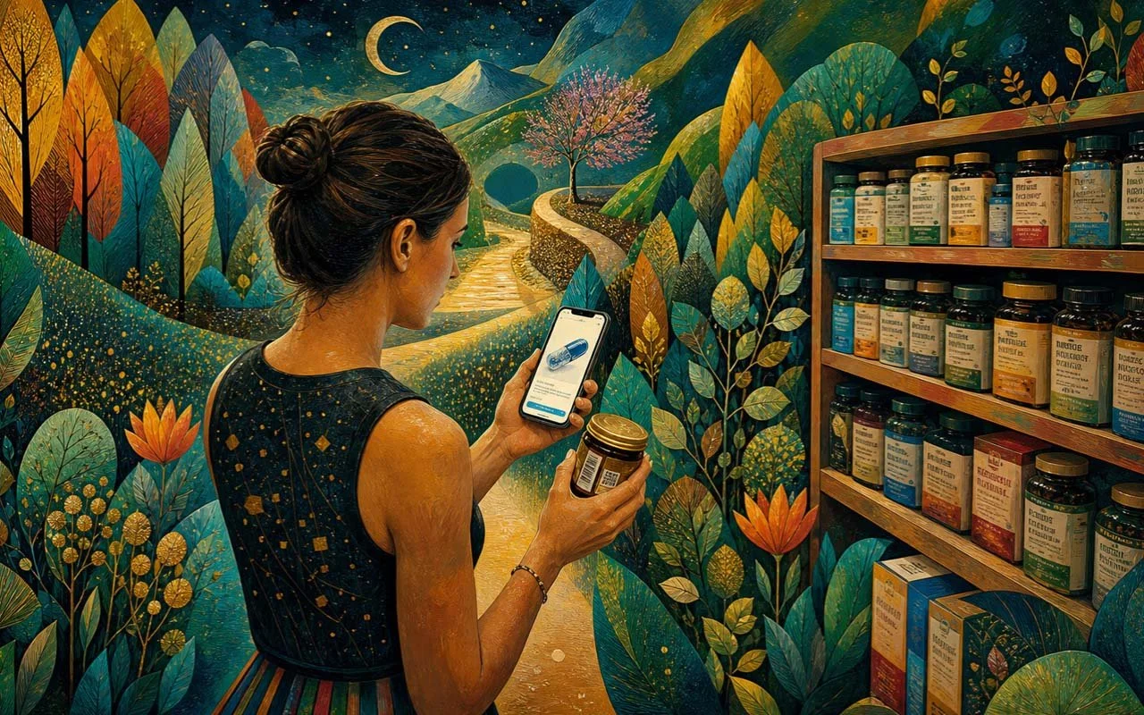 Shopper scanning a QR code on product packaging in a store aisle
