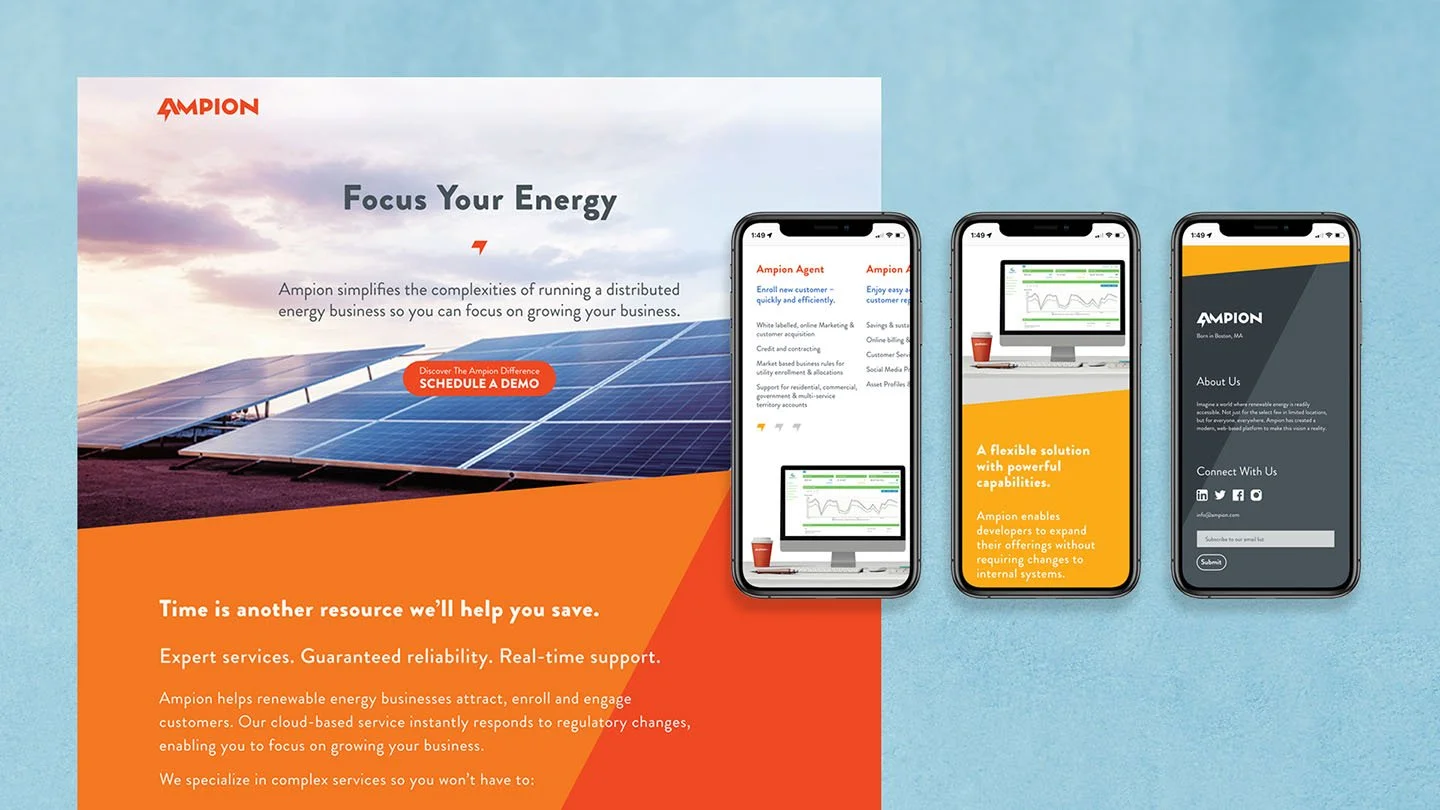 Portfolio image featuring Ampion's website in both desktop and mobile formats, with text promoting the benefits of their services, including ease of business operations and customer engagement.