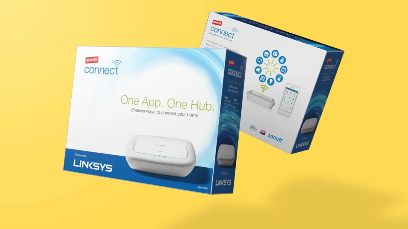 Package design for Staples Connect smart home hubs on a yellow background.