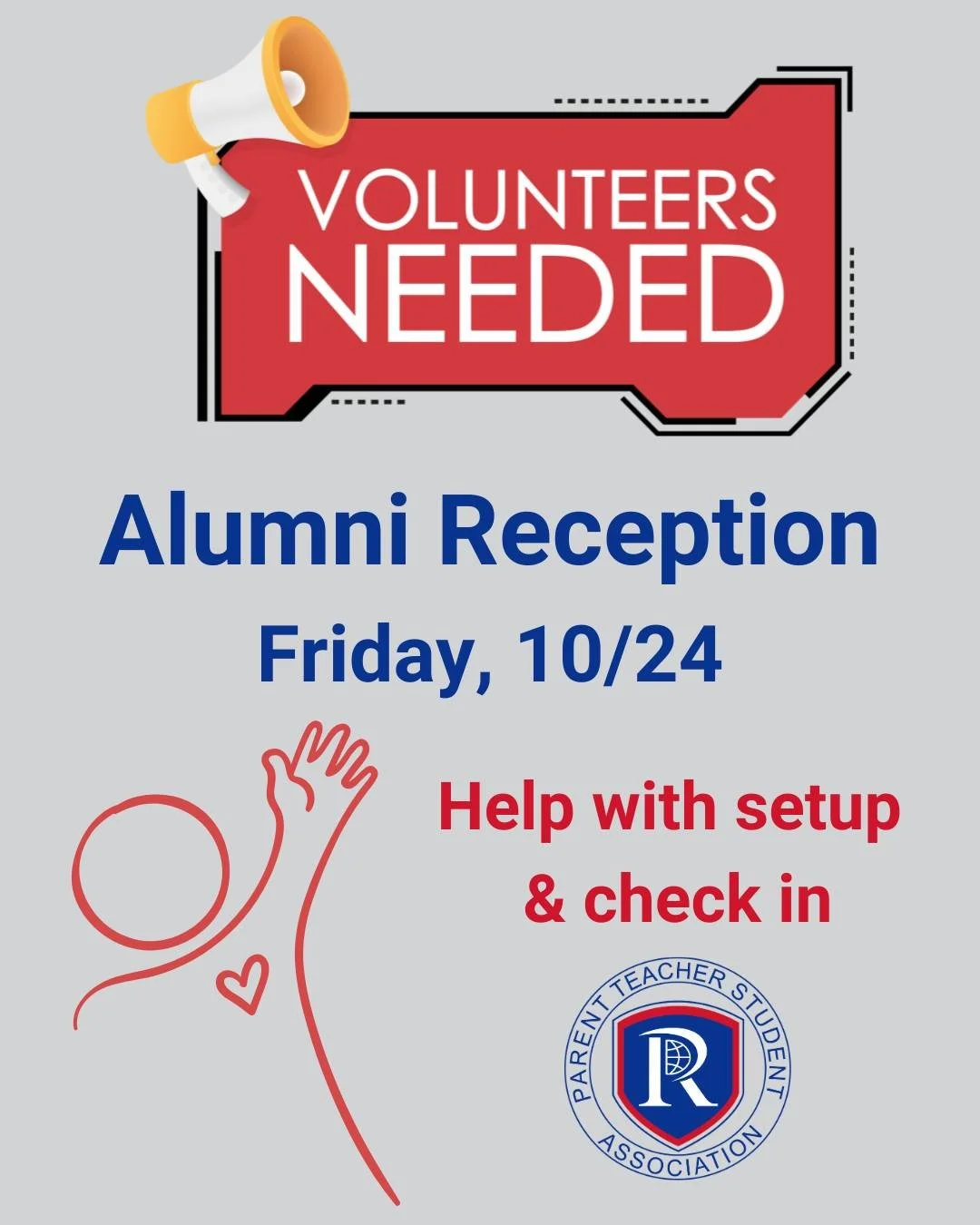 We’re excited to celebrate our Riverwood alumni and need your help to make the Alumni Reception on October 24th a success!
We’re looking for volunteers to help with setup, assist with check-in, guide alumni to their designated areas, and