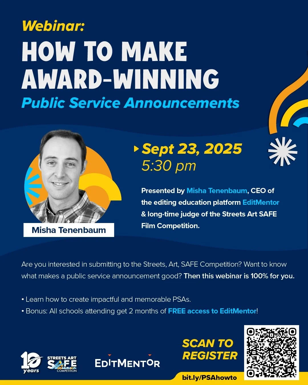 This Monday, Sept 23rd at 5:30 PM, we’re having a webinar with Misha Tenenbaum (@editmentor)—one of the Streets, Art, SAFE judges and a pro editor—to talk about how to make PSAs that really hit. He’ll share what stands out to