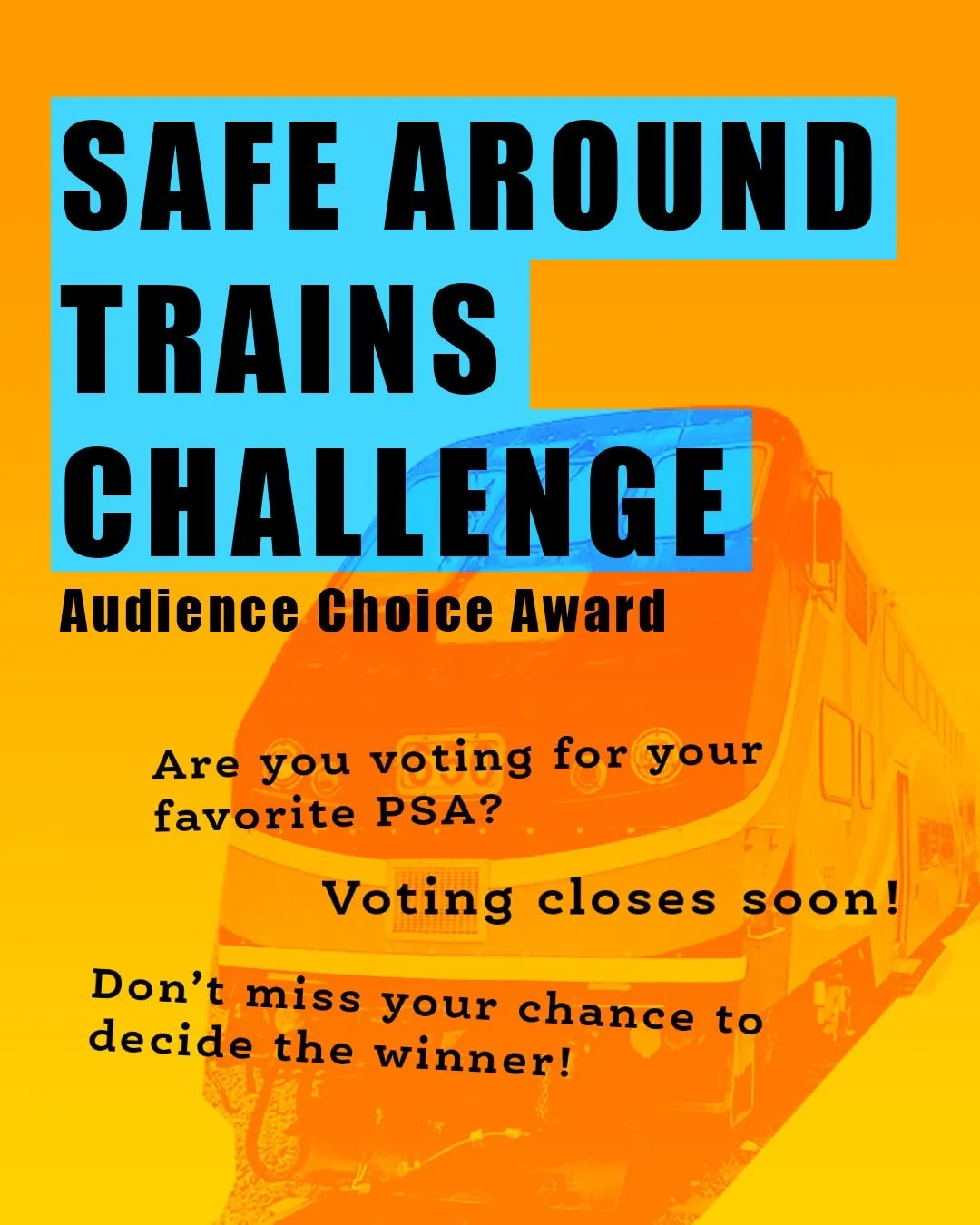 The SAFE Around Trains Challenge Audience Choice Award is almost closing, and you decide the winner. We’ve published 10 powerful PSAs. Keep voting for the one that inspired you most!
Don't forget to follow @StreetsArtSAFE, and share with a fri