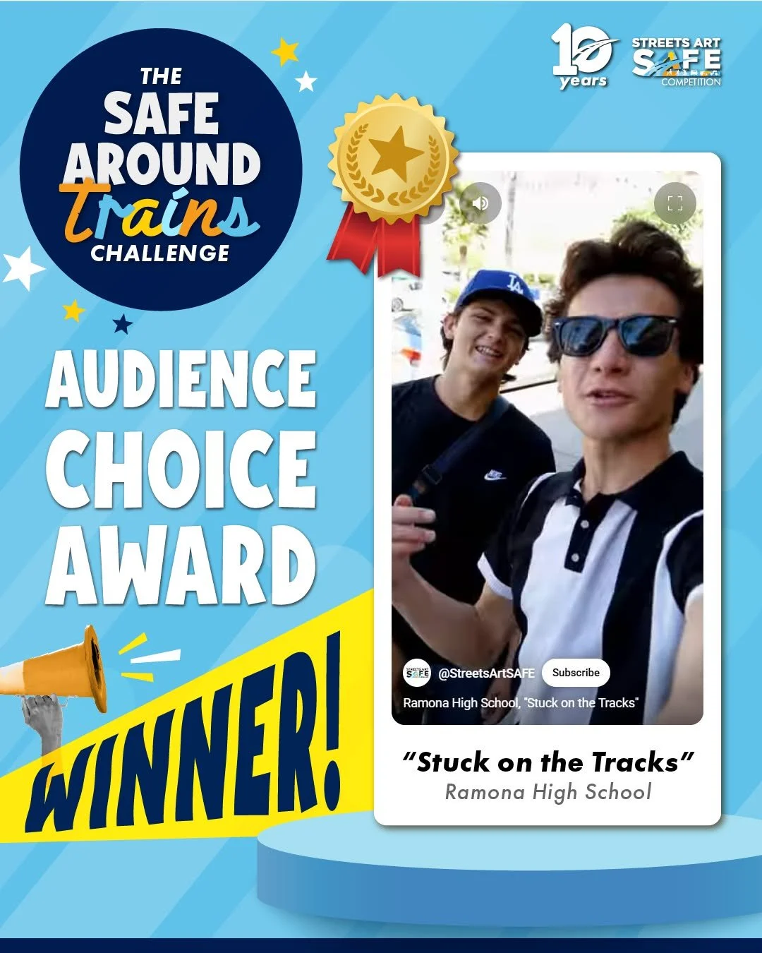 🏆 We’re excited to announce that the SAFE Around Trains Audience Choice Award goes to the students of Ramona High School for their PSA “Stuck on the Tracks.”
This PSA stood out thanks to the creativity and dedication of the studen