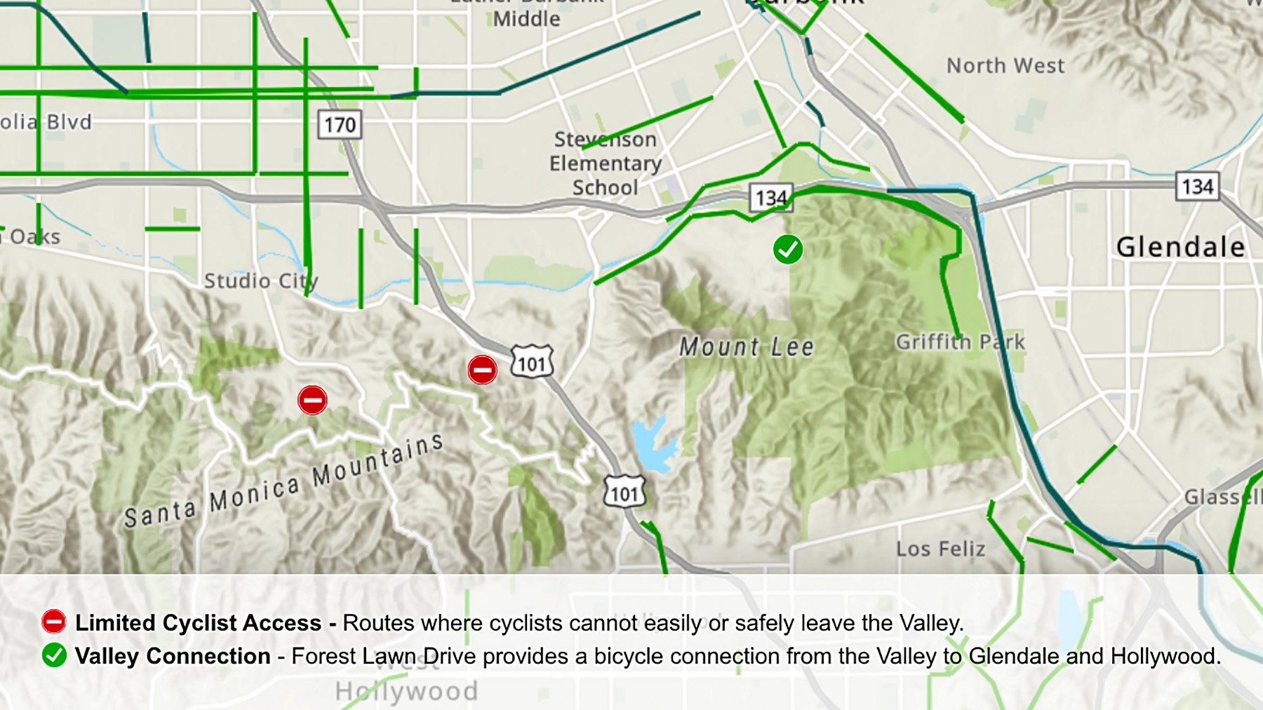 Map showing cycling access from the East San Fernando Valley to Glendale and Hollywood.