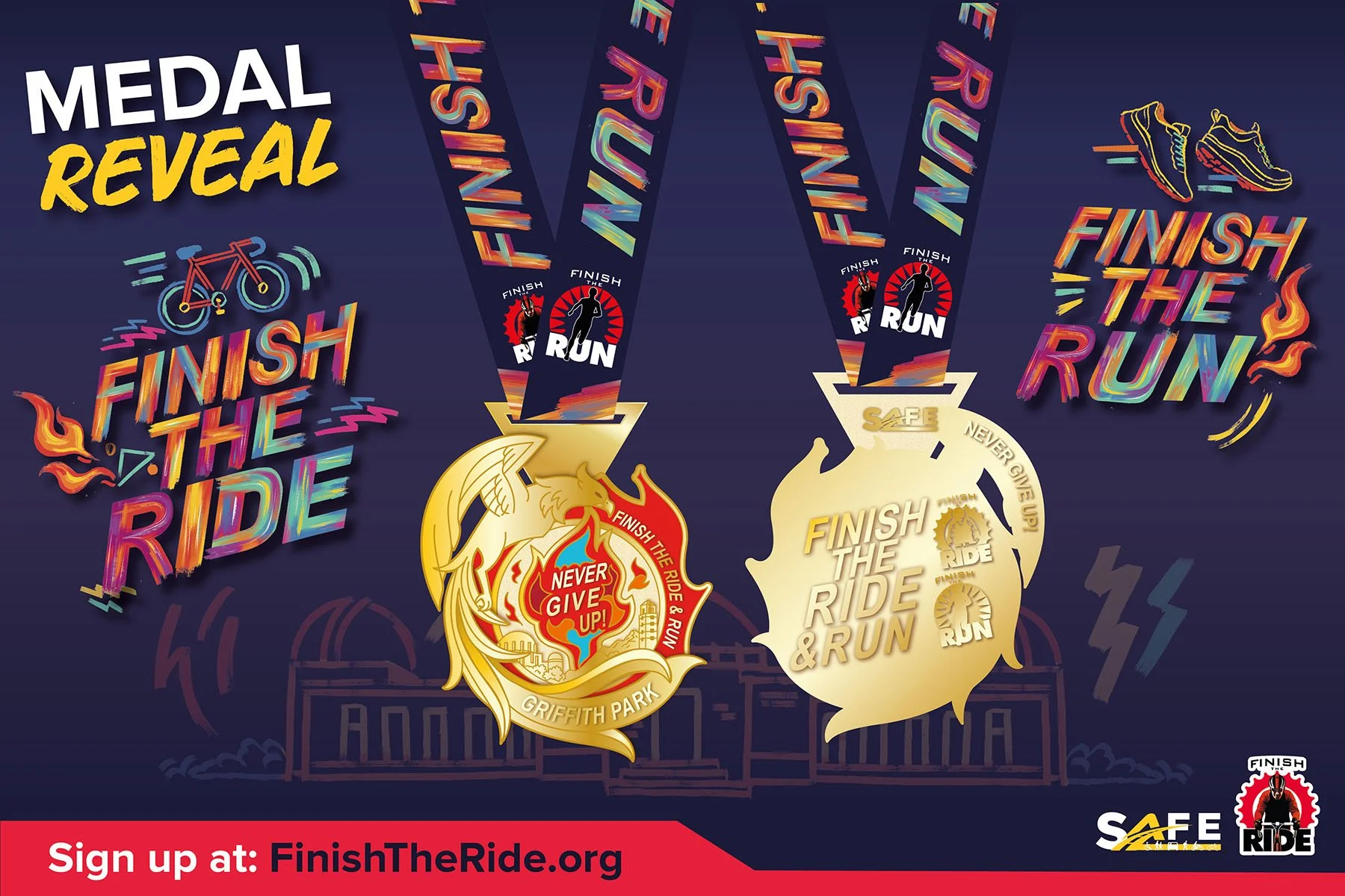 The 2026 custom 3D Finish The Ride and Run finisher medals.