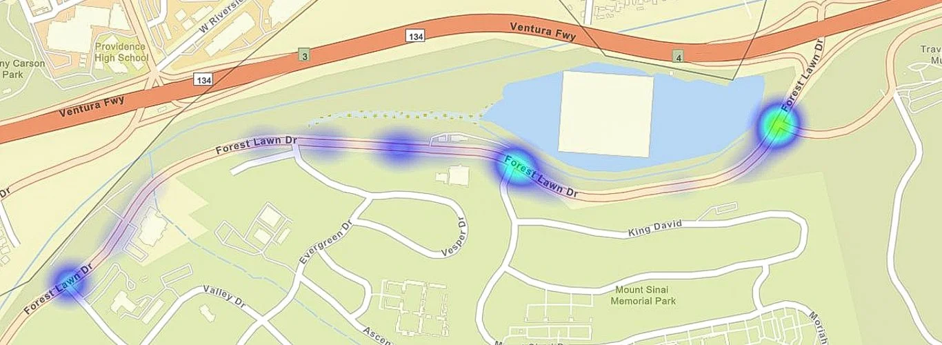 Heat map showing the locations of 95 reported collisions on Forest Lawn Drive between 2013 and 2023.