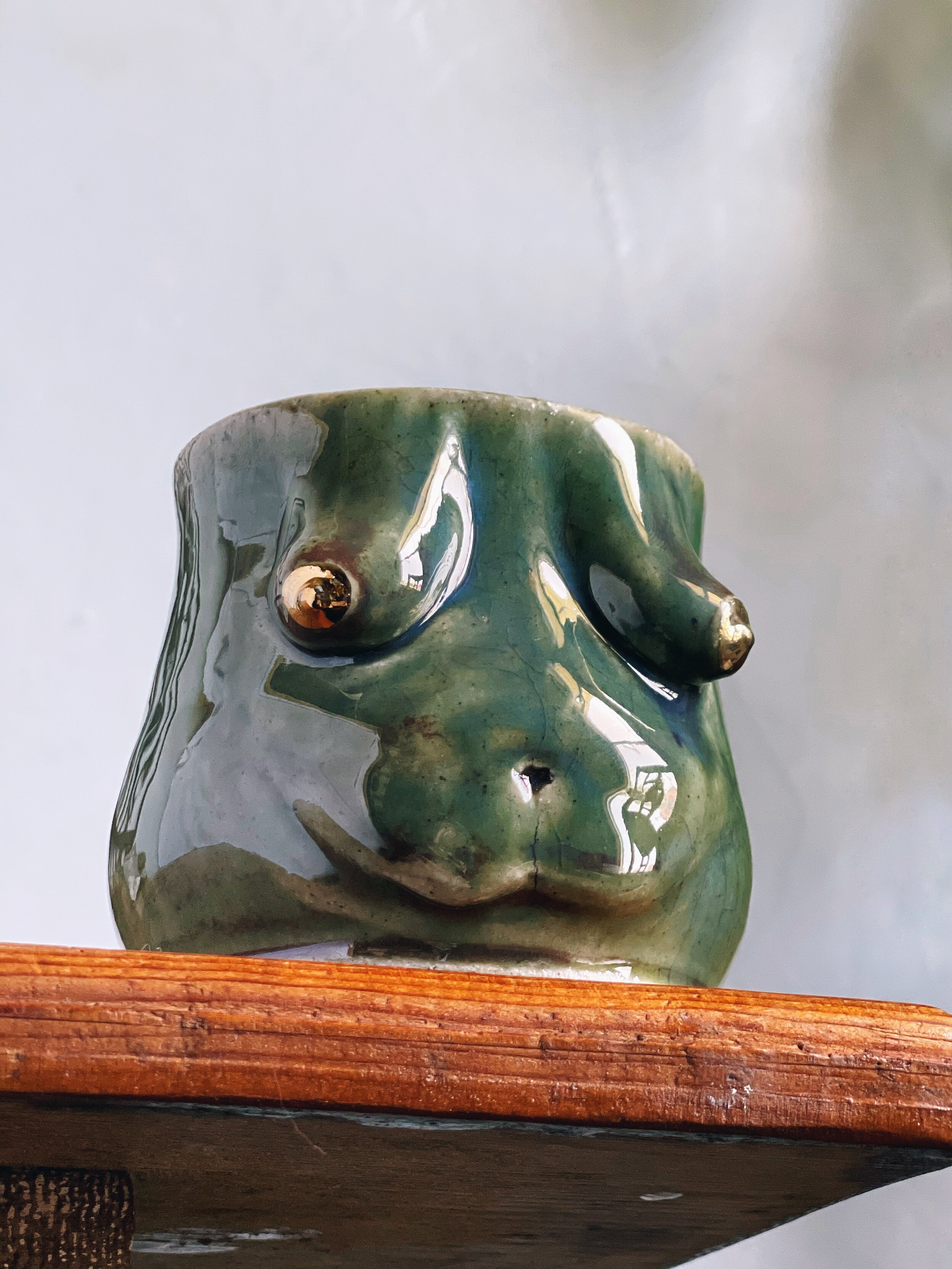 body mug, stoneware, oribe, luster, ^10 gas, 2021
