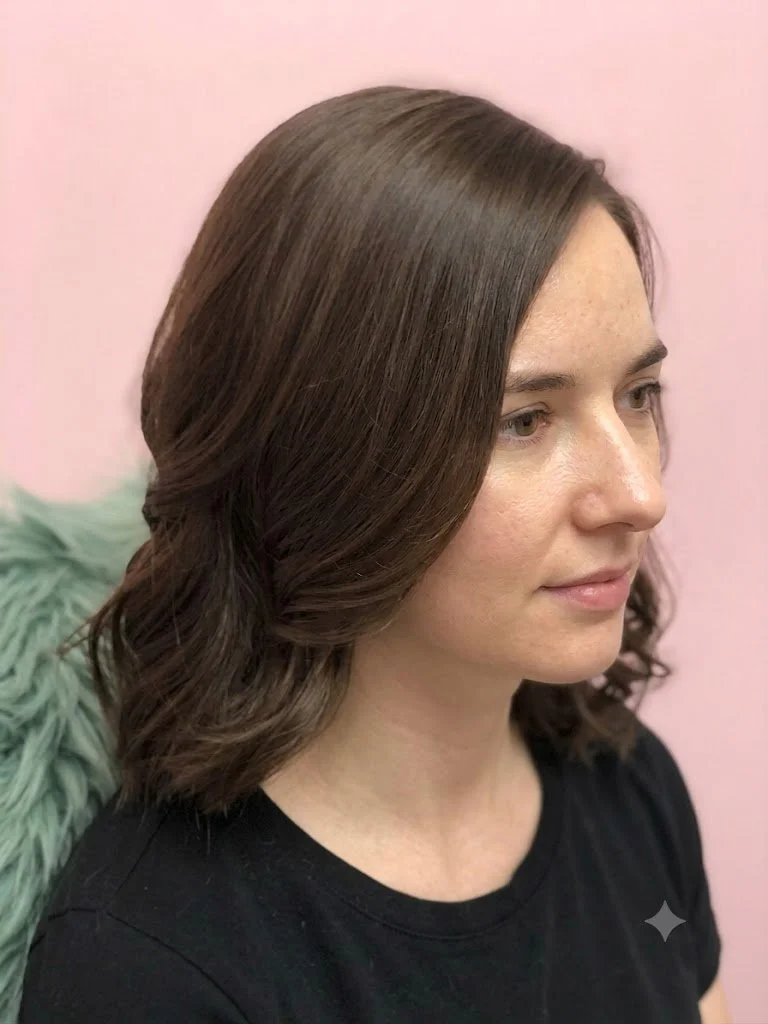 Side view of a woman with shoulder-length, wavy brown hair, wearing a black shirt, sitting against a pink background.