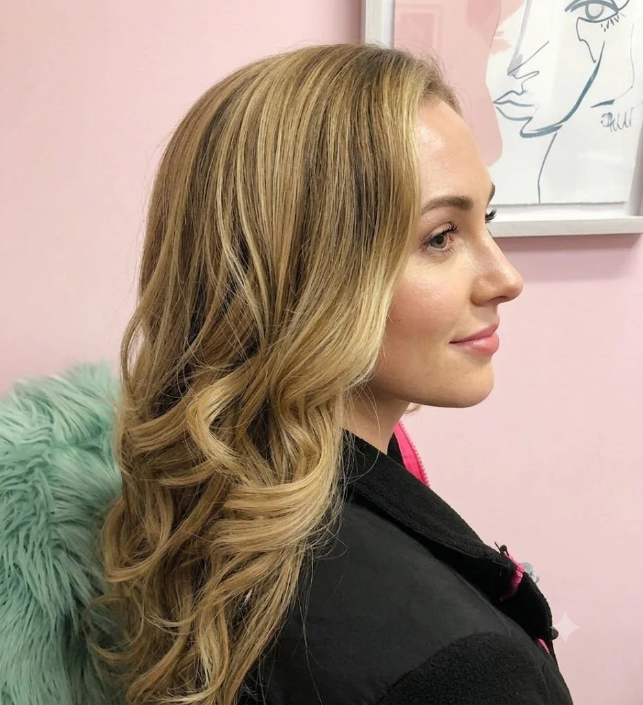 A woman with long, wavy blonde hair sitting in a room with pink walls and a framed line art picture on the wall.