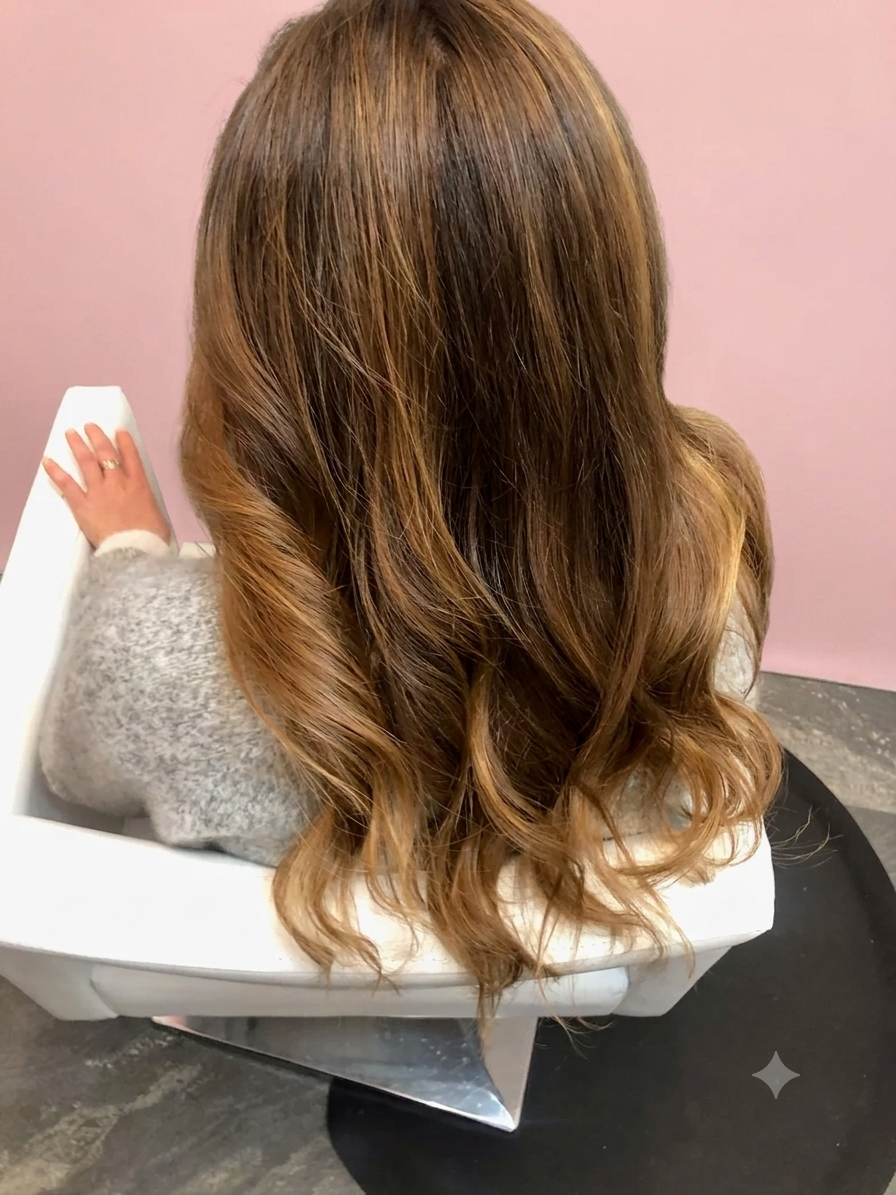A person with long, wavy, light brown hair sitting in a white salon chair with a pink wall background.