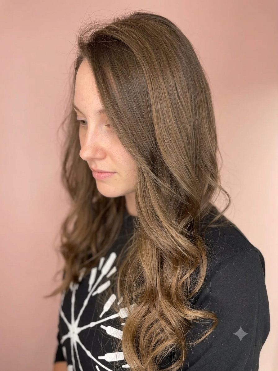 A woman with light skin and long, wavy brown hair standing against a pink background. She is wearing a black shirt with a white design on it and is looking down.