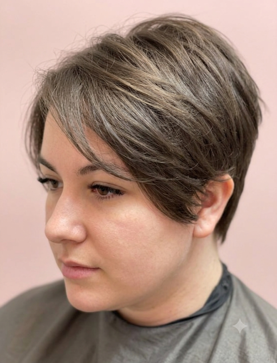 Close-up of a woman with short, layered brown hair styled in a textured cut, wearing a gray cape, against a light pink background.