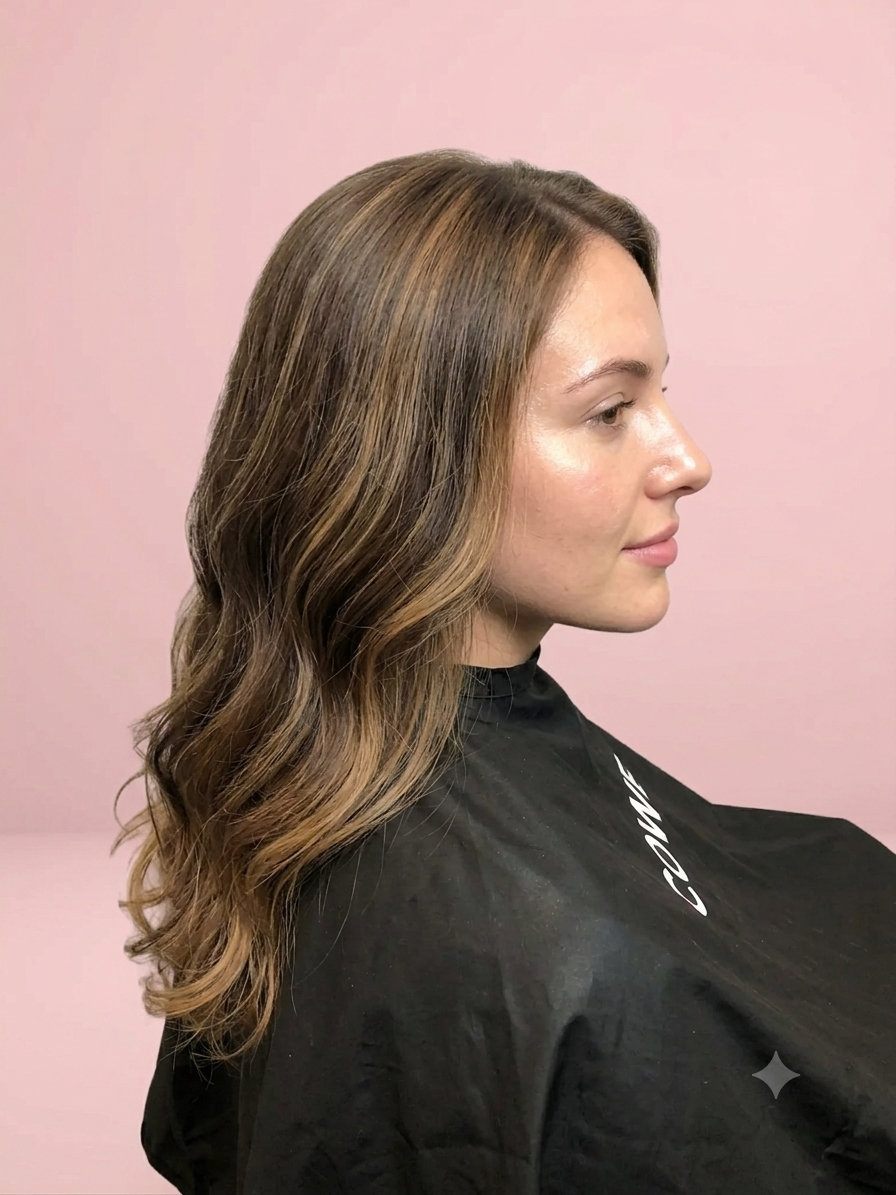 Side profile of a woman with wavy brown hair and fair skin, sitting in front of a pink background, wearing a black salon cape.
