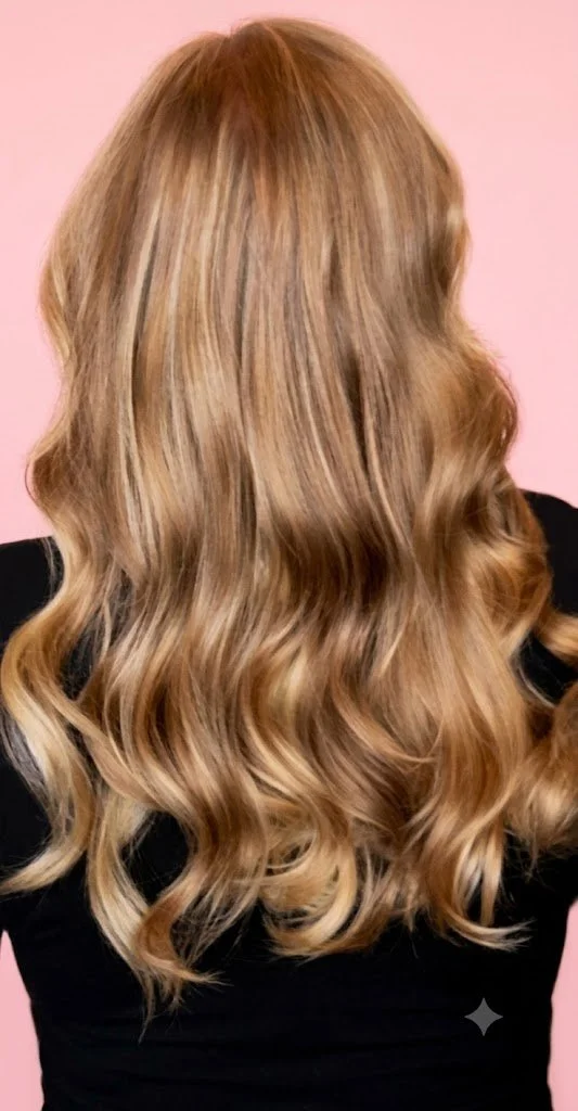 Back view of a woman with long, blonde, wavy hair against a pink background.