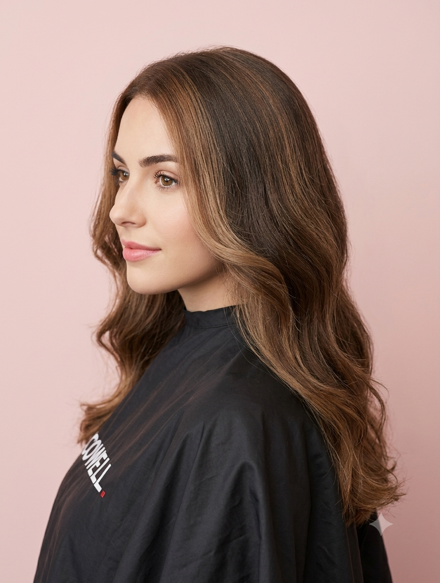 Side view of a woman with long, wavy brown hair and light makeup, wearing a black salon cape, against a light pink background.