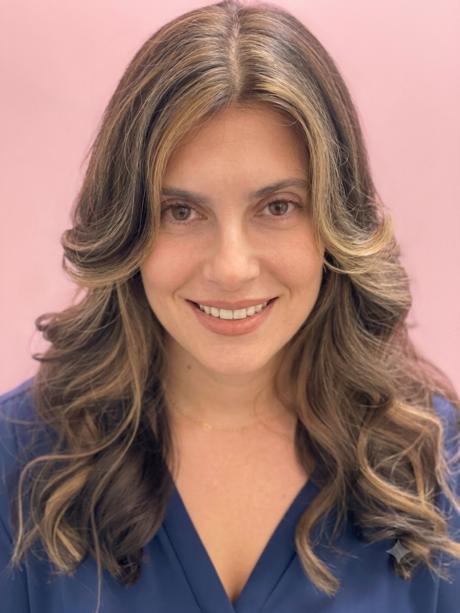 A woman with long, wavy brown hair with blonde highlights wearing a blue top, smiling against a pink background.