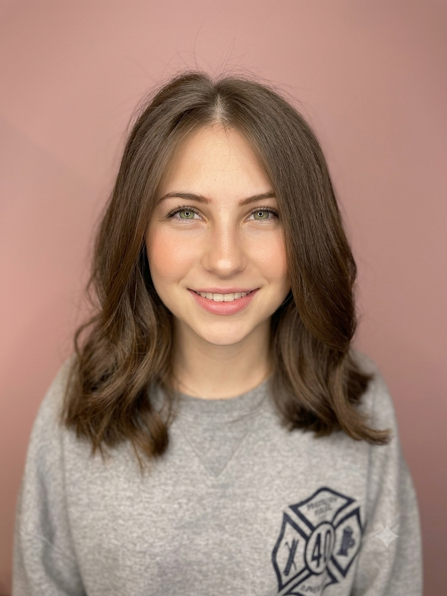 Young woman with light skin, shoulder-length wavy brown hair, and green eyes, smiling and wearing a gray sweatshirt, standing against a pink background.