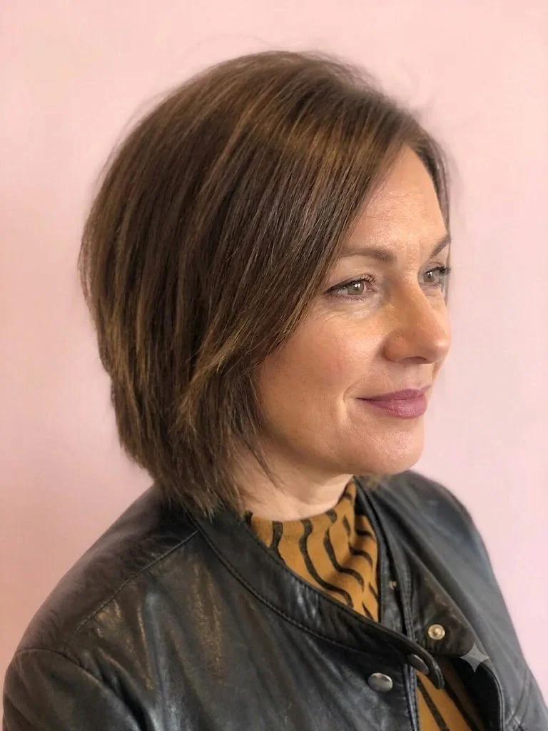 Side profile of a woman with medium-length brown hair, wearing a black leather jacket and a tiger print top, standing against a pink wall.