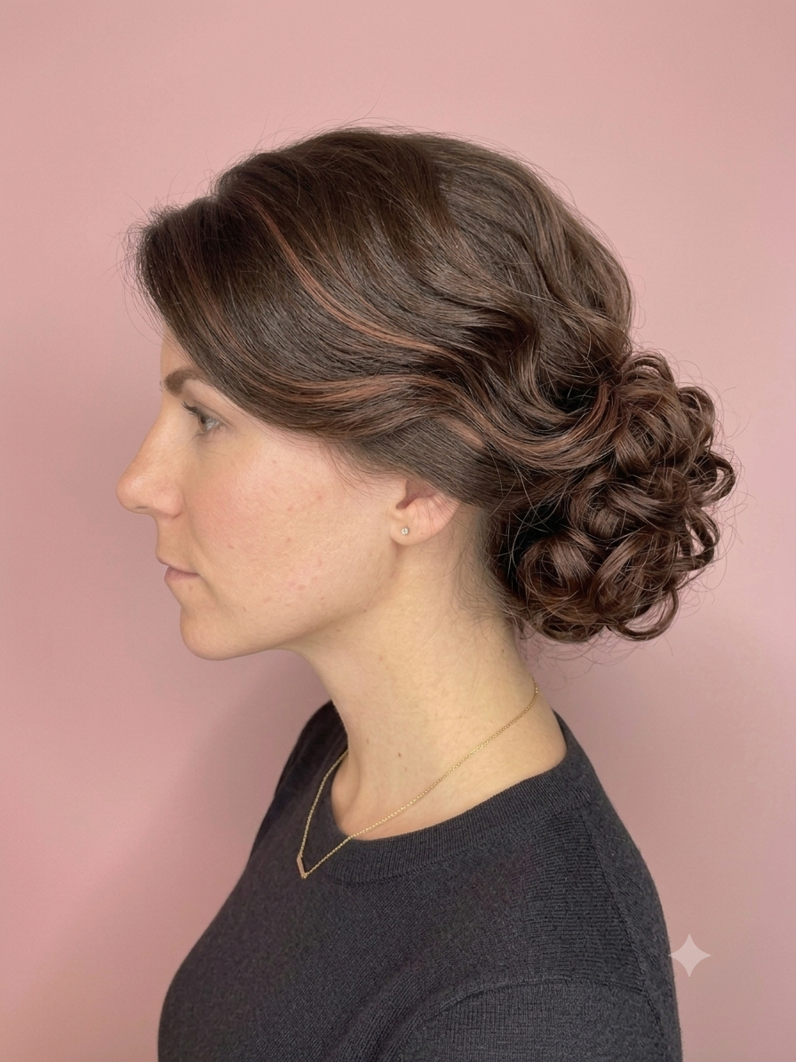 Side profile of a woman with short, wavy, brown hair styled in a low bun against a pink background.