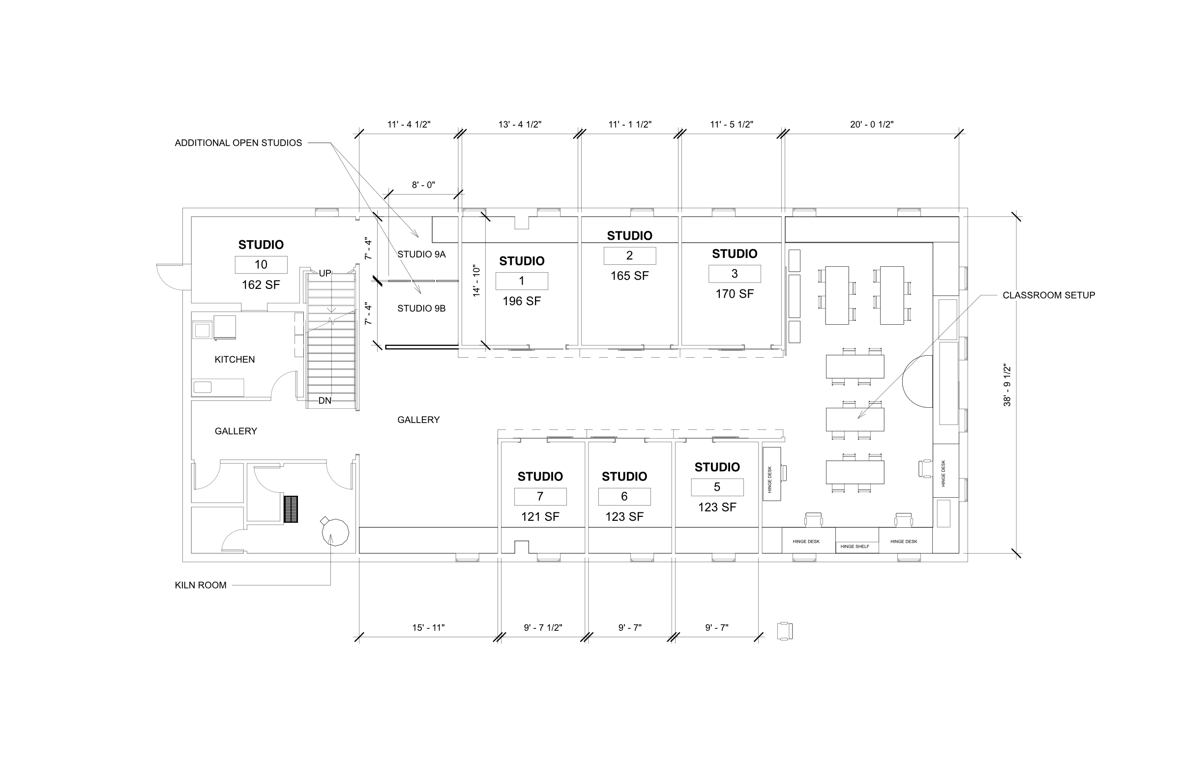 Architectural floor plan of a building with multiple studios, classrooms, galleries, a kitchen, and a kiln room.