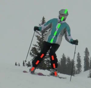 At the beginning of the turn, the skier sequentially edges the skis. The skis: The new outside ski edges before releasing the old outside ski. The body: The upper body tips in the direction of the new turn before the downhill leg tips.