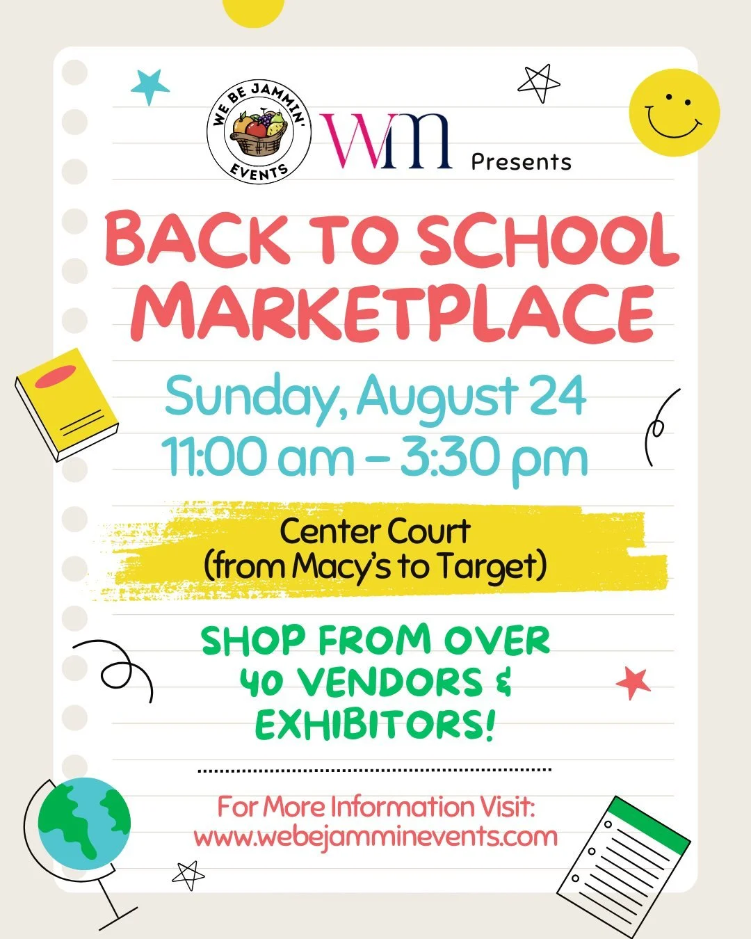 Join @webejamminevents and Warwick Mall for the Back To School Marketplace this Sunday, August 24th from 11AM&ndash;3:30PM at Center Court (Macy&rsquo;s to Target)! 🛍️✨

✅ Shop 40+ vendors &amp; exhibitors
✅ Free admission + free parking
✅ All Carou